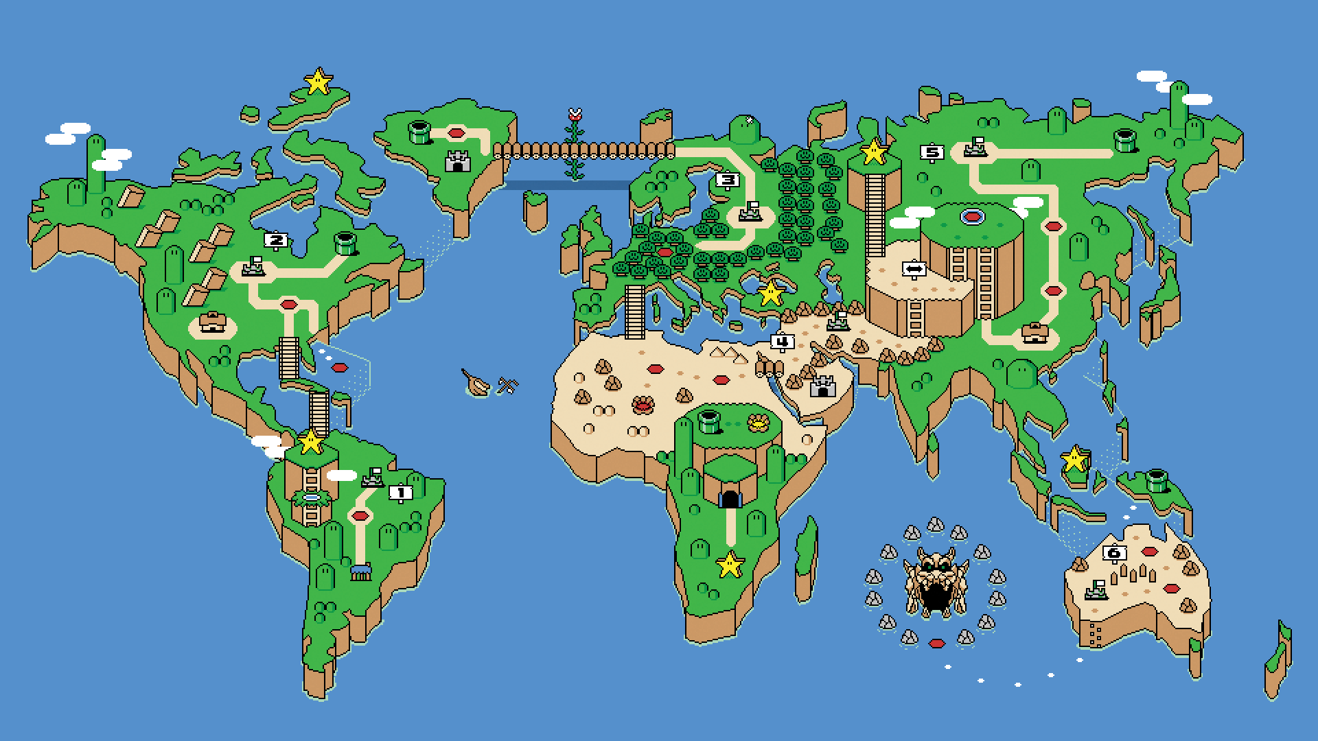 Map Super Mario SNES Video Games Retro Games Pixels Pixel Art Nintendo Video Game Art 1920x1080