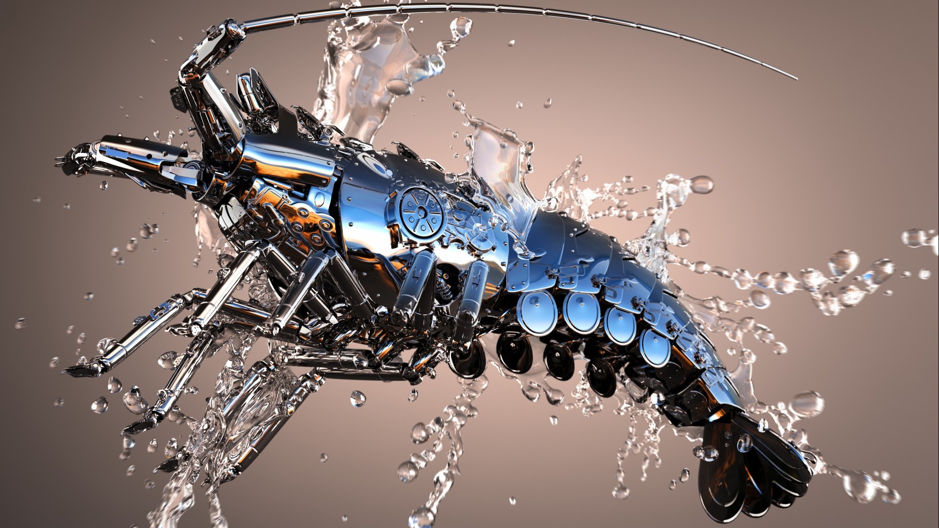 Digital Art Animals CGi Render Splashes Metal Water Drops Simple Background Lobsters Reflection 1920x1080