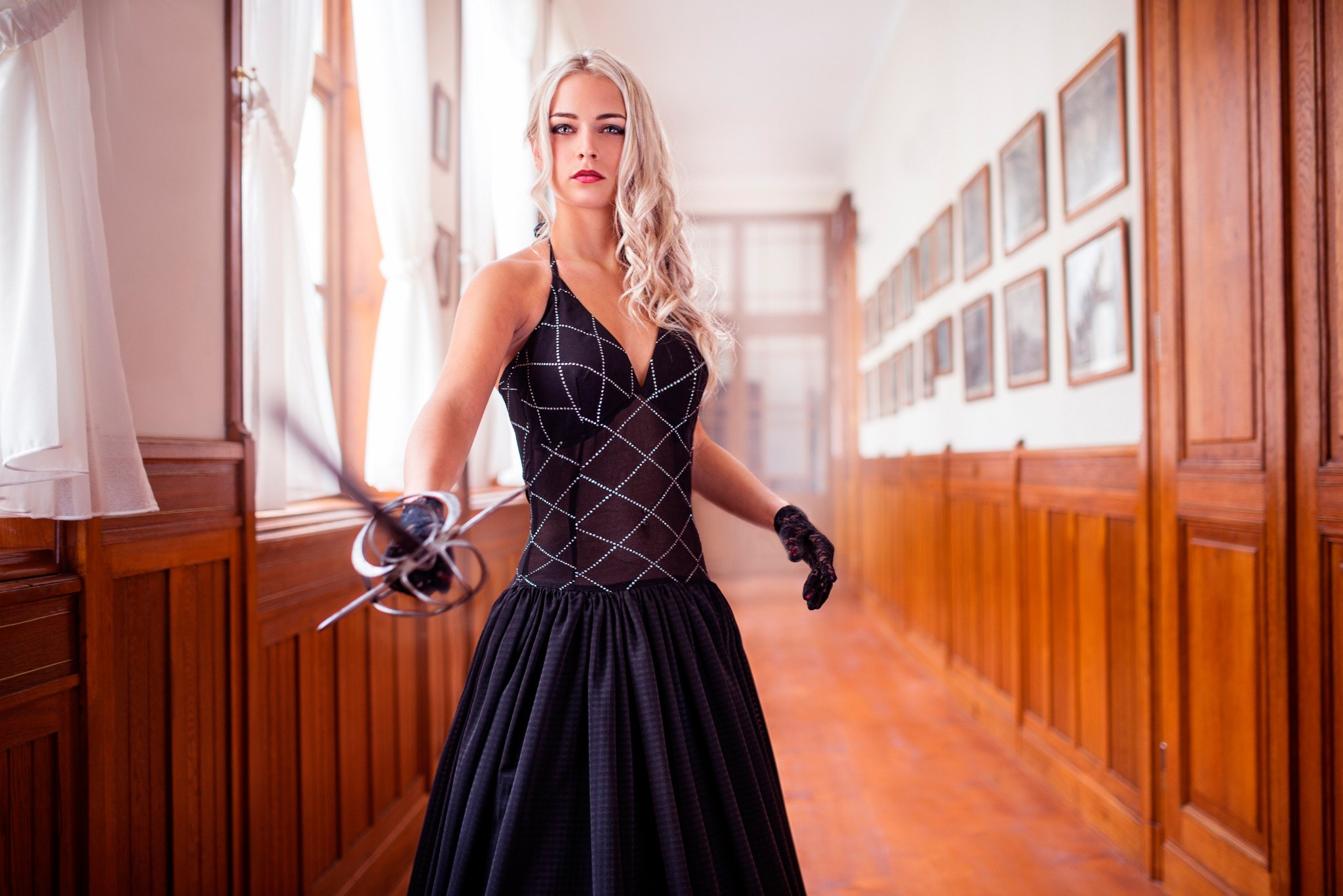 Women Blonde Black Dress Women With Swords Focused Black Gloves Vita Vecera 2048x1367