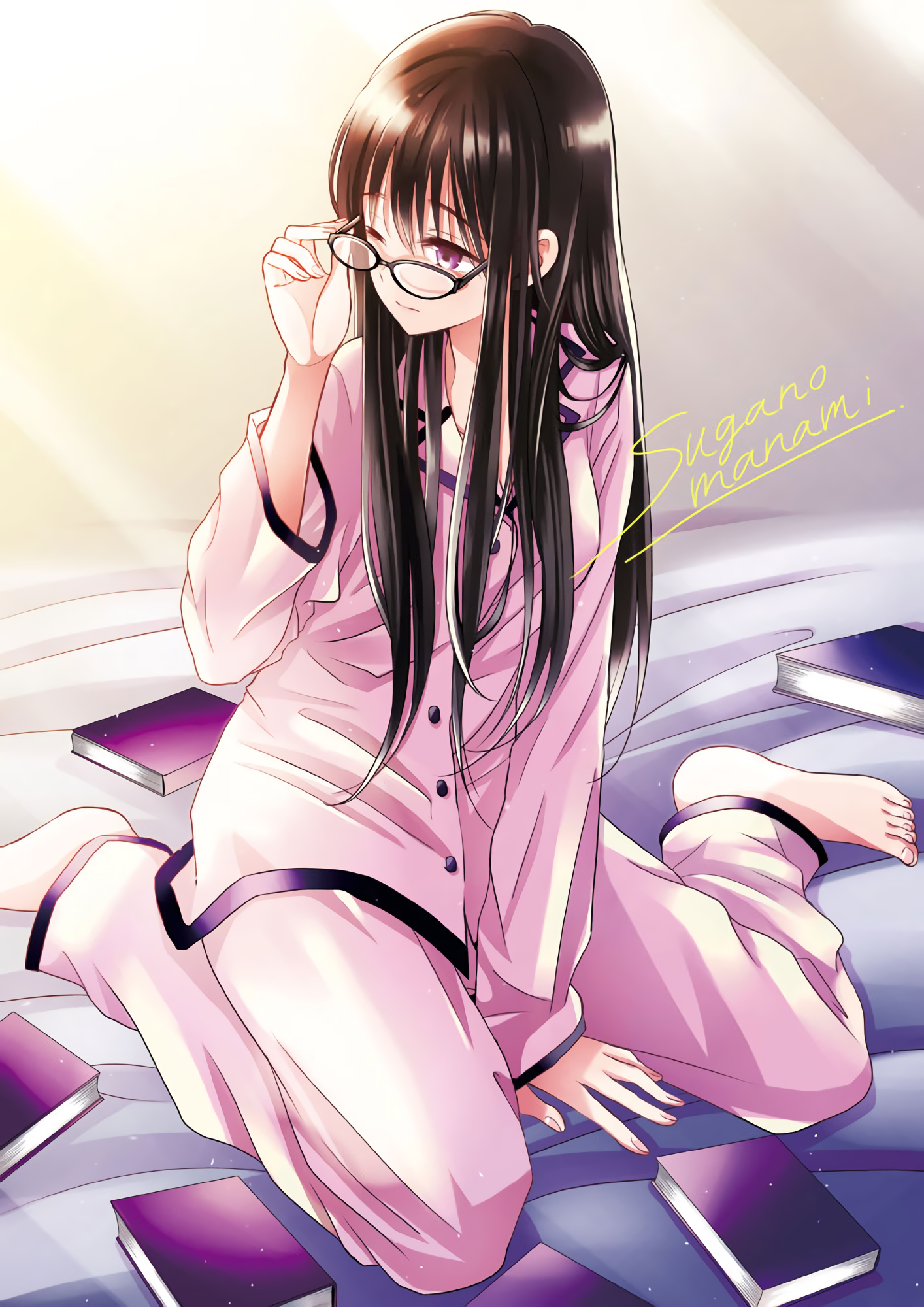 Anime Anime Girls Pink Pajamas Long Hair Brunette Purple Eyes Glasses Books 1414x2000