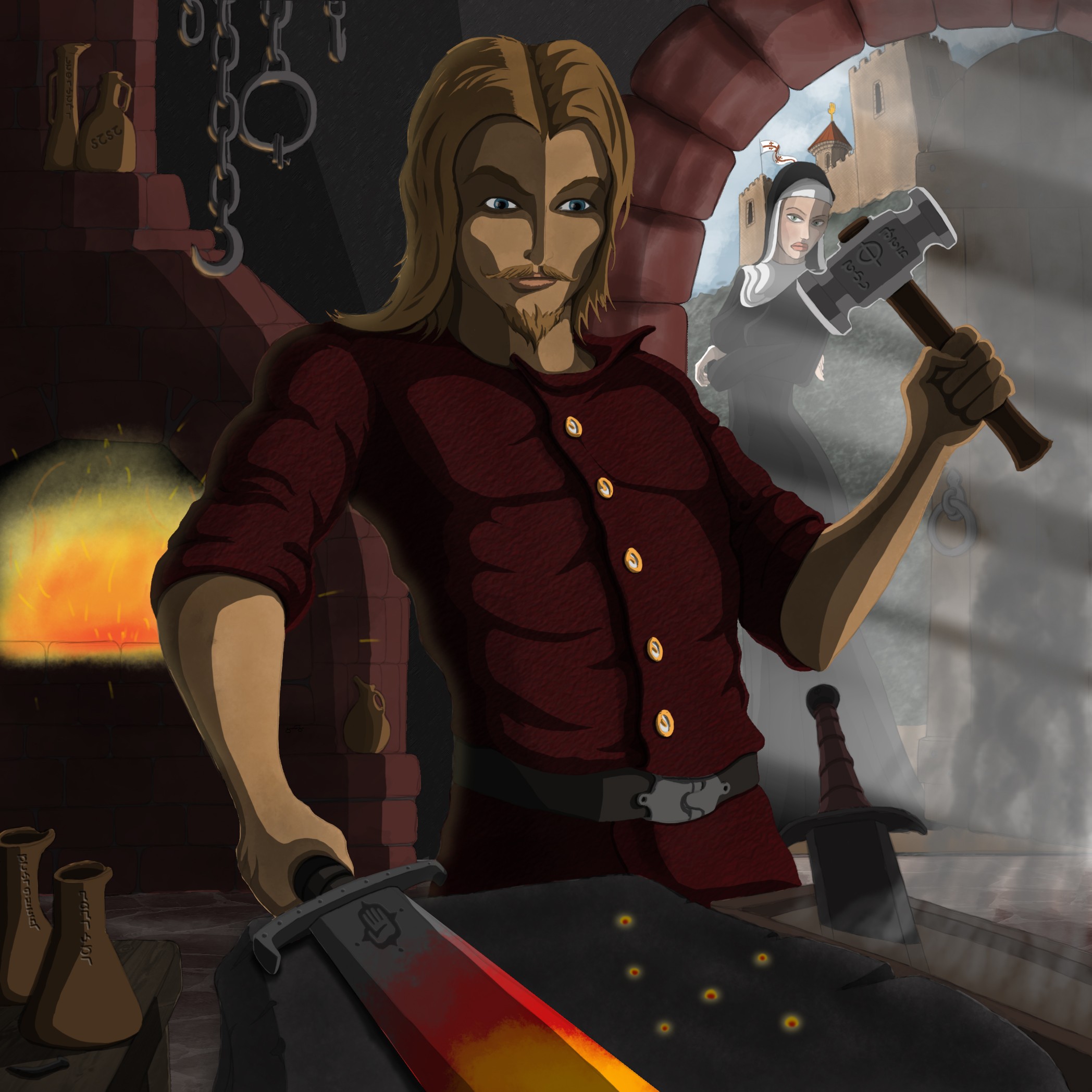 Drawing Fantasy Men Sword Blacksmith Hammer 2096x2096