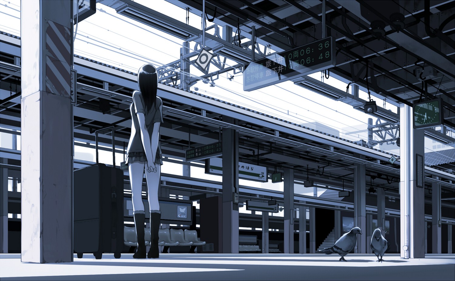 Anime Anime Girls Waiting Train Station Pigeons Original Characters 1500x927