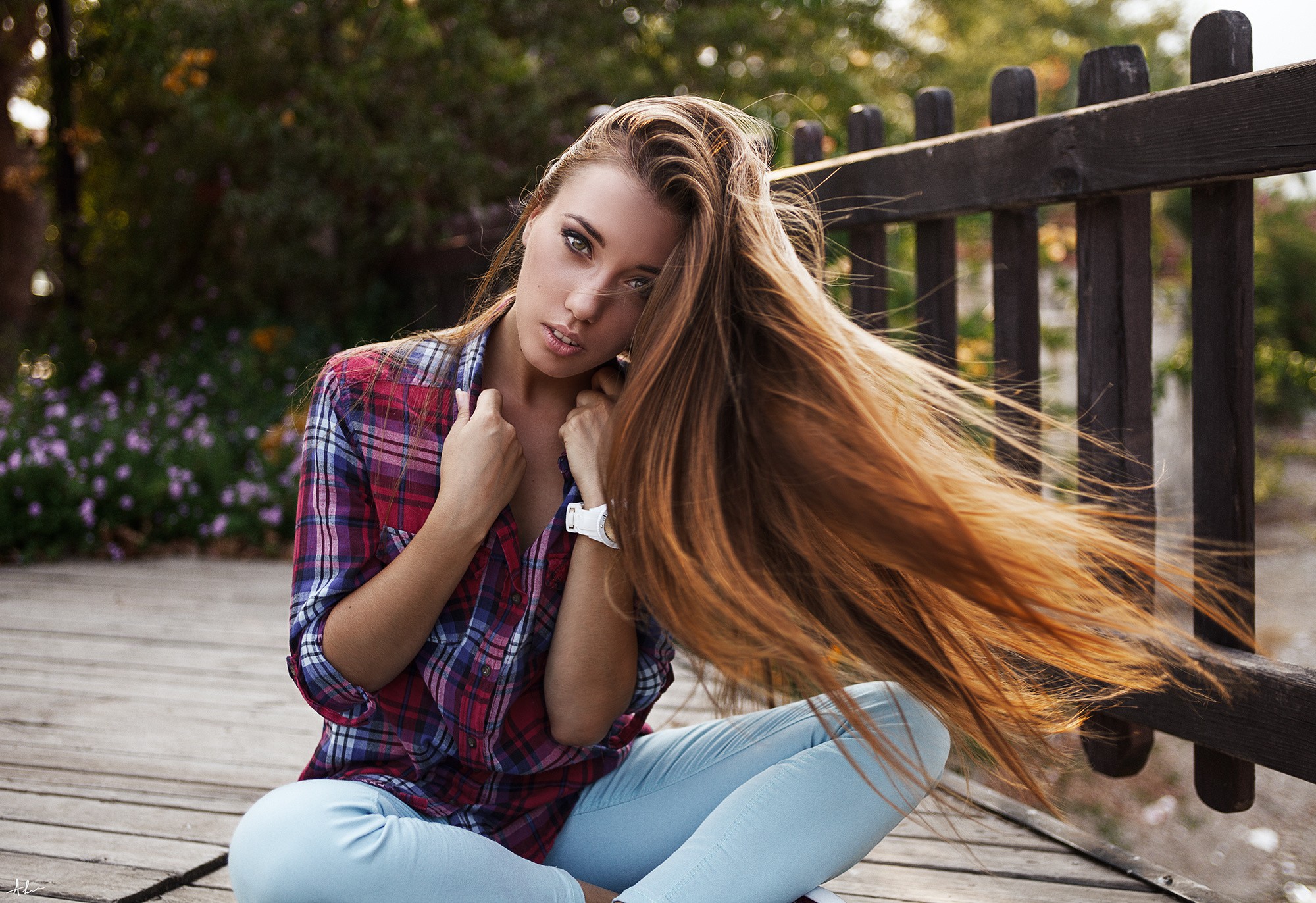 Women Model Sitting Jeans Wooden Surface Long Hair Kirill Averyanov Plaid Shirt 2000x1372