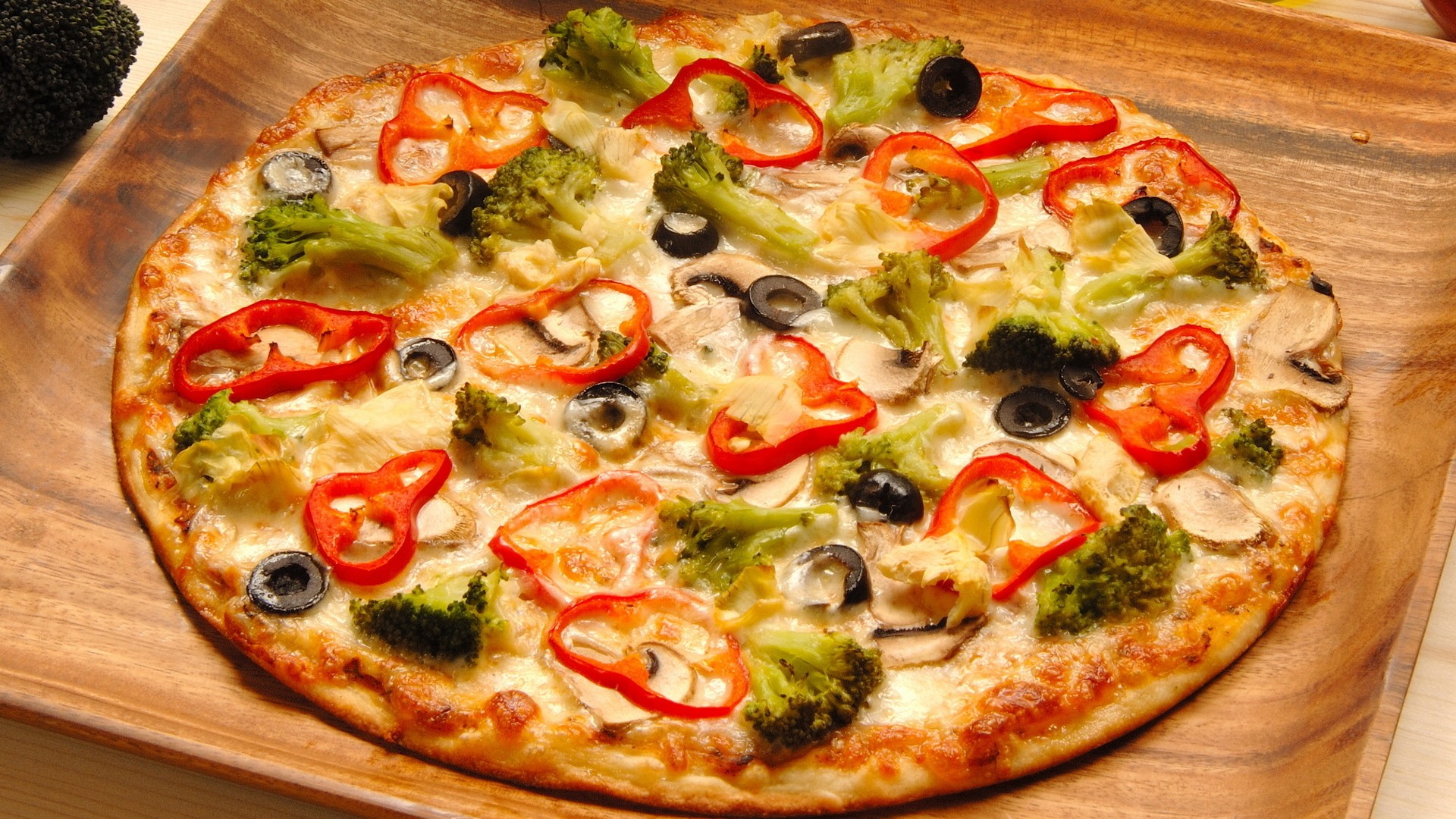 Pizza Food Broccoli Peppers Olives Cheese Mushroom Wooden Surface 1920x1080