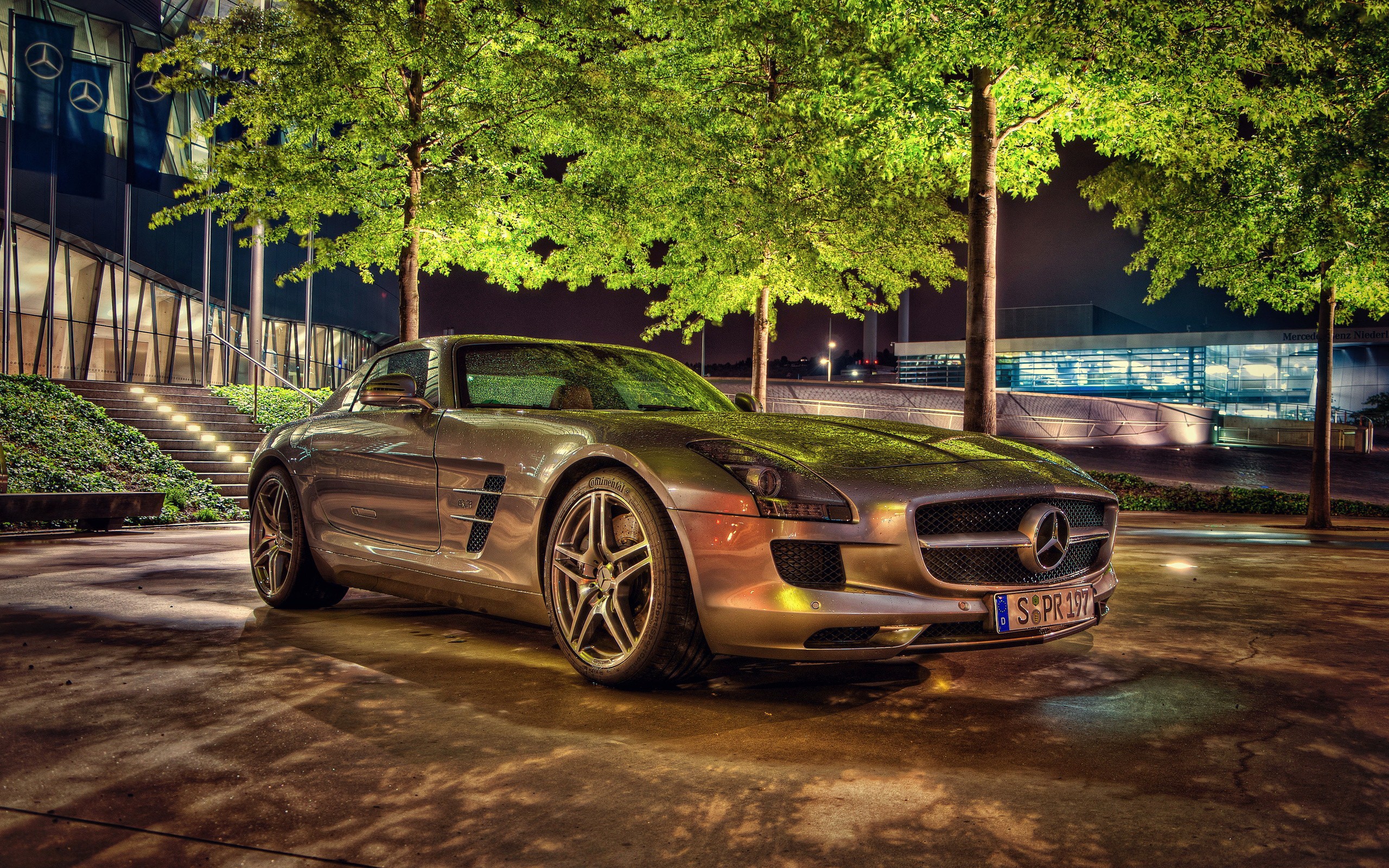 Mercedes SLS AMG Car Trees Water Drops 2560x1600