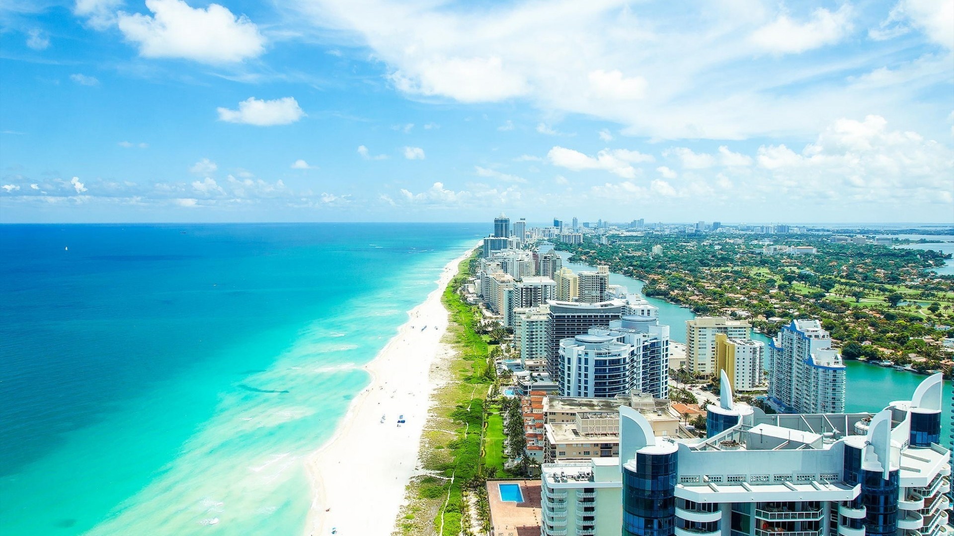 Man Made Miami City Coast Coastline Ocean Beach Horizon 1920x1080