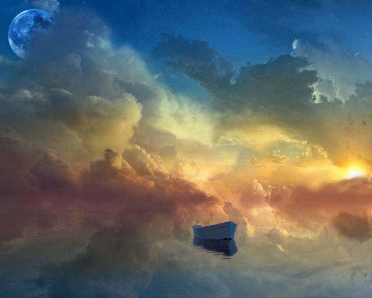Rowboat Moon Artwork Boat Sky Clouds 1280x1024