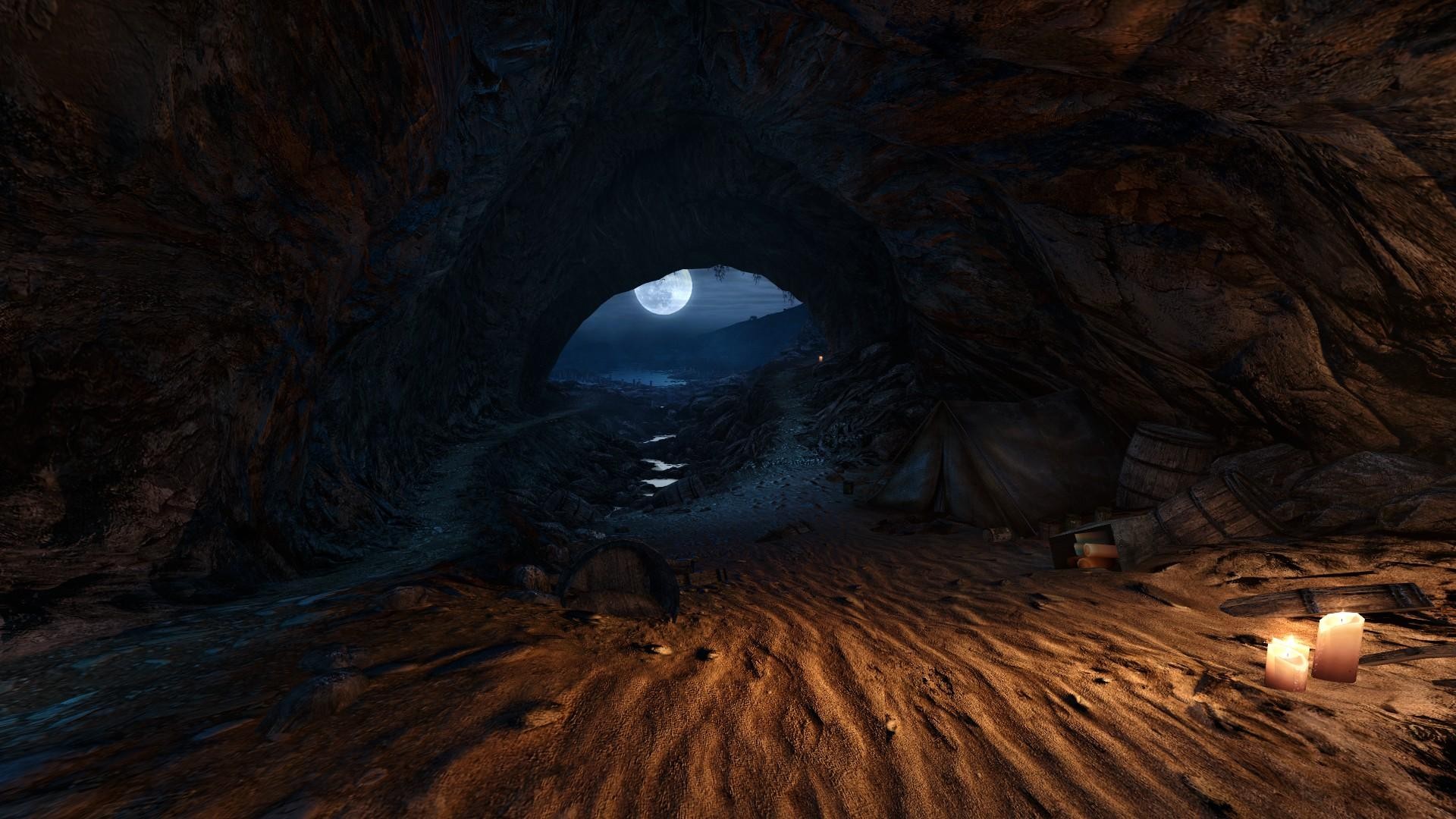 Fantasy Art Nature Cave Moon Moonlight Tent Sand Barrels Candles Video Games Dear Esther 1920x1080