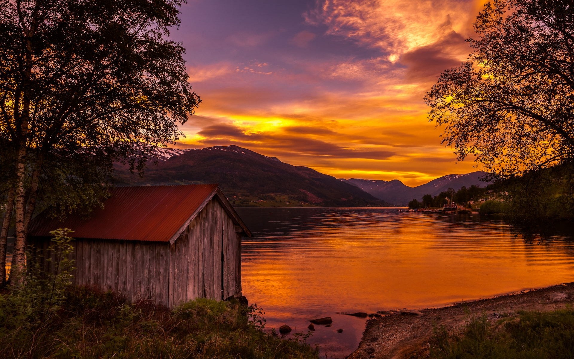 Nature Landscape Boathouses Lake Sunset Norway Trees Mountains Sky Clouds Shrubs Water Gold 1920x1200