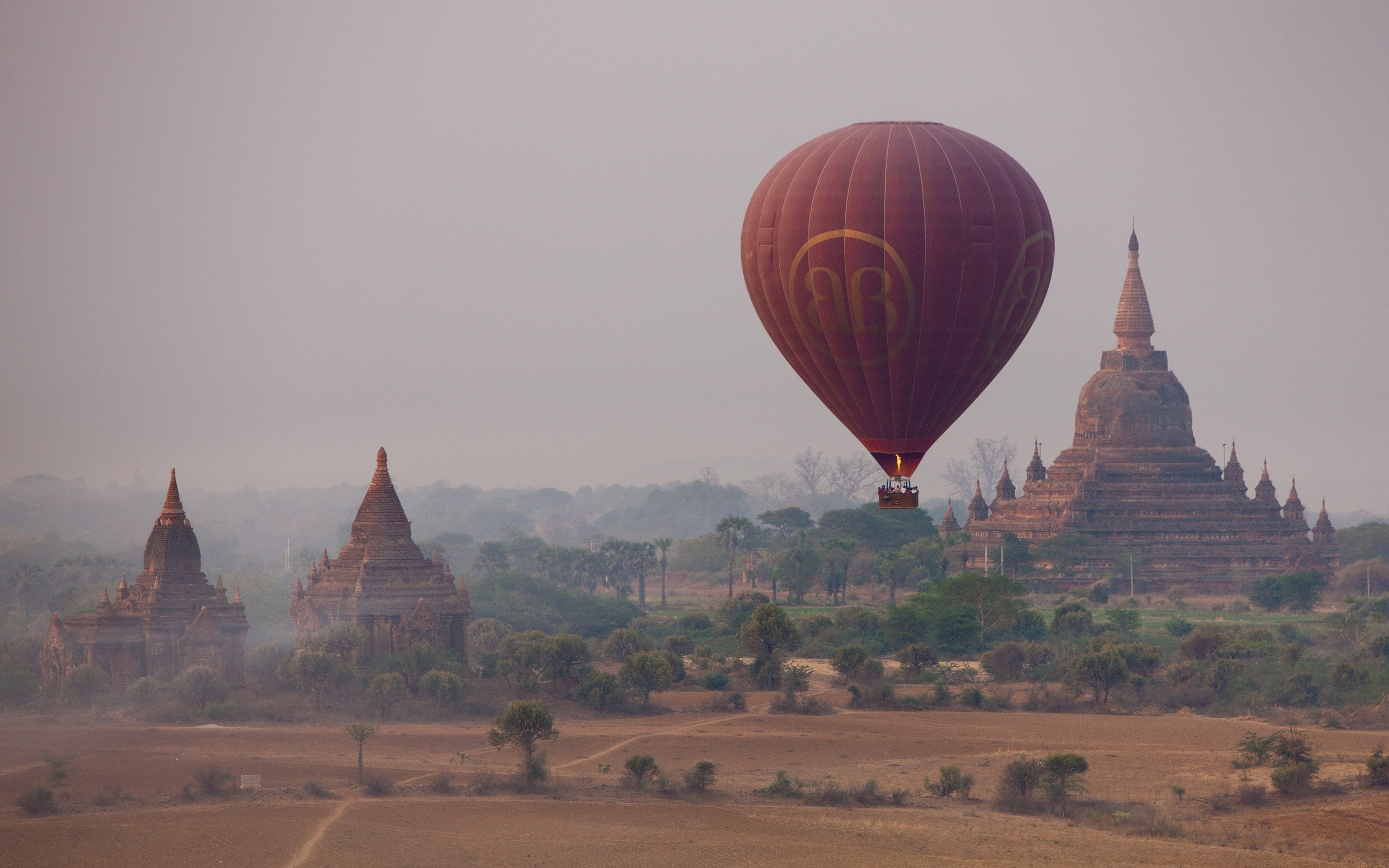Hot Air Balloons Landscape Temple Bagan Myanmar 2560x1600