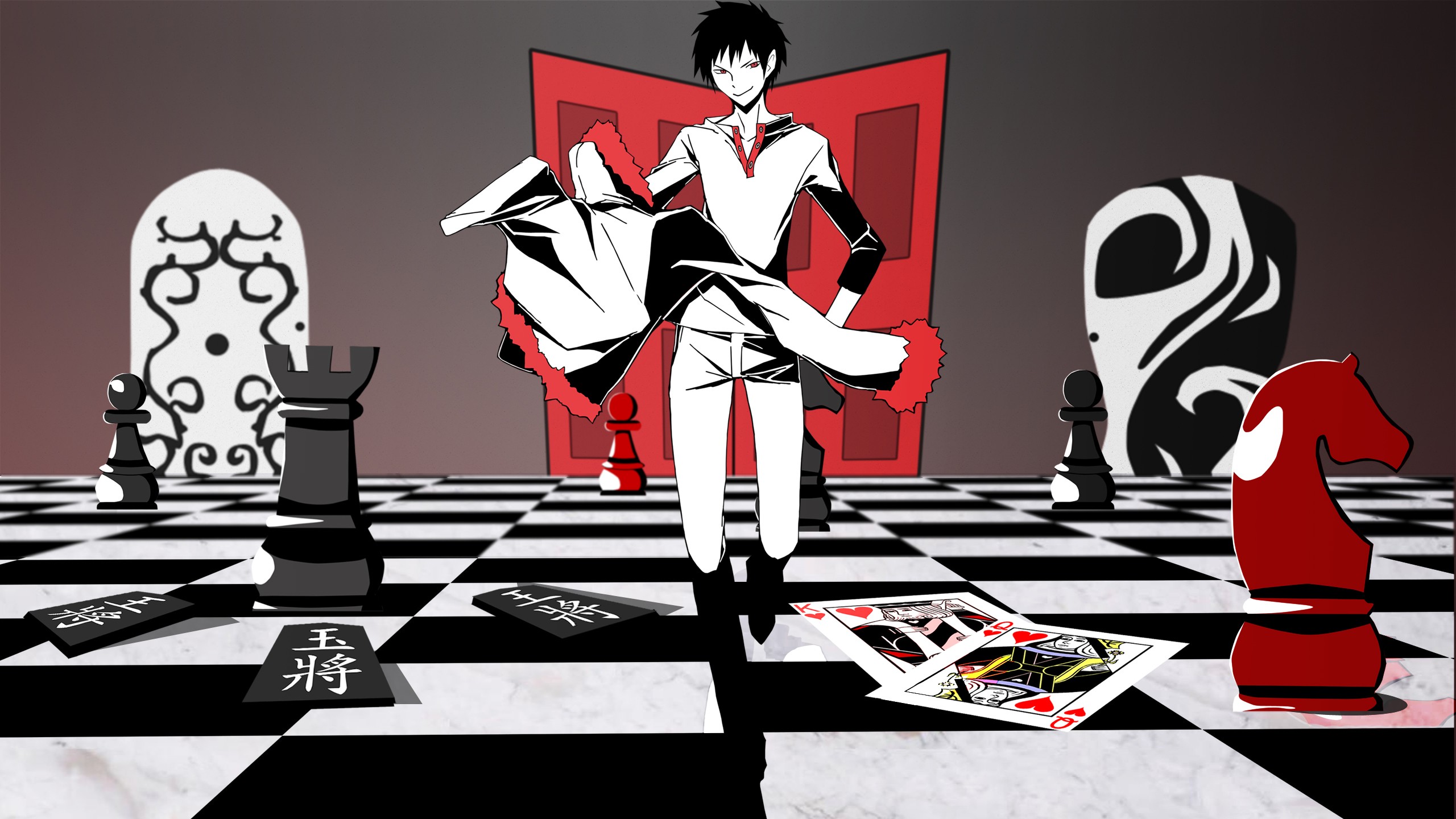 Anime Durarara Orihara Izaya Chess Cards Selective Coloring 2560x1440