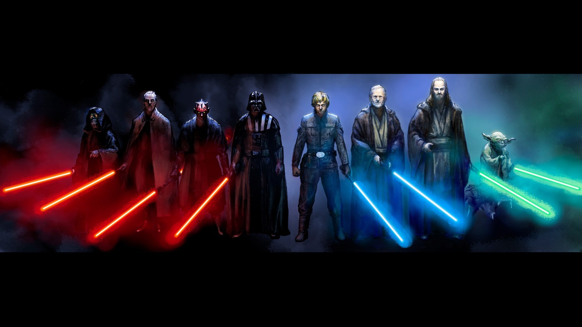 Star Wars Luke Skywalker Darth Vader Darth Maul Obi Wan Kenobi Yoda Lightsaber Jedi Sith Artwork Qui 1920x1080