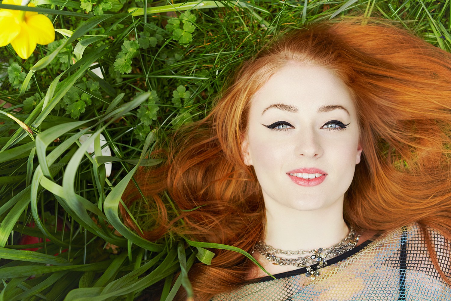 Women Redhead Long Hair Face Open Mouth Smiling Sophie Turner Women Outdoors Lying Down Nature Grass 1500x1000