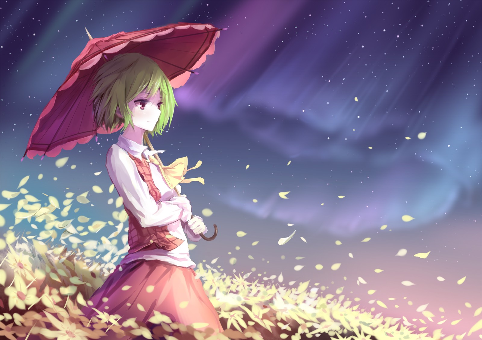Touhou Kazami Yuuka Short Hair Shirt Skirt Umbrella Jacket Flower Petals Night Aurorae Wind Anime Gi 1600x1131