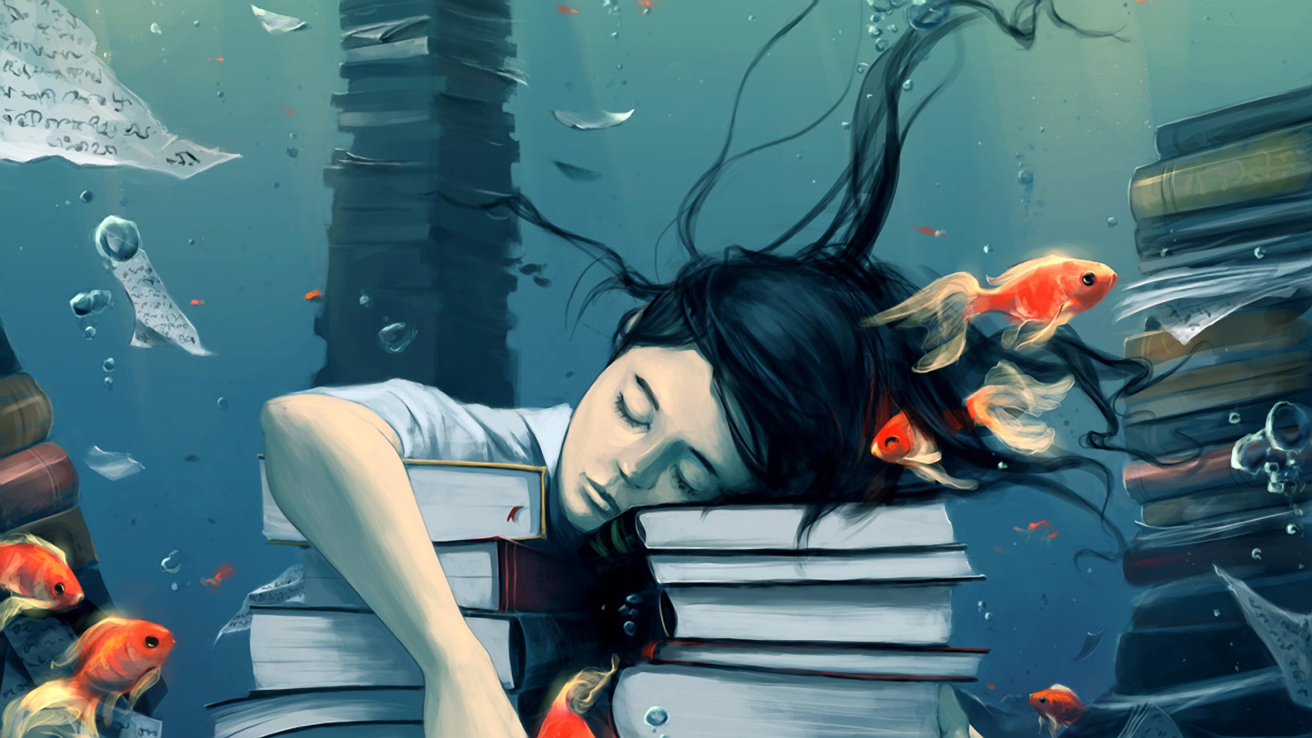 Books Fish Bubbles Closed Eyes Paper Underwater AquaSixio Artwork Original Characters Fantasy Art Go 2560x1440