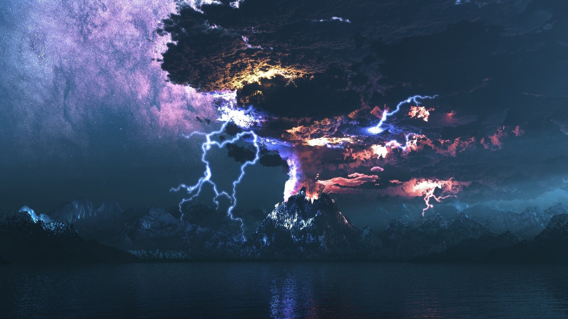 Storm Lightning Clouds Fantasy Art Volcano Digital Art Lake Sea Sky Mountains Artwork Eruptions Spac 1920x1080