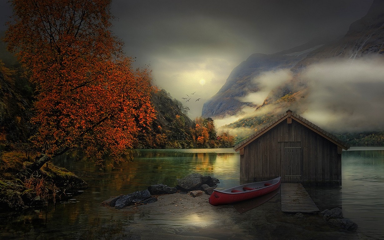 Nature Landscape Boathouses Trees Lake Birds Flying Clouds Mountains Fall Mist Atmosphere 1230x768