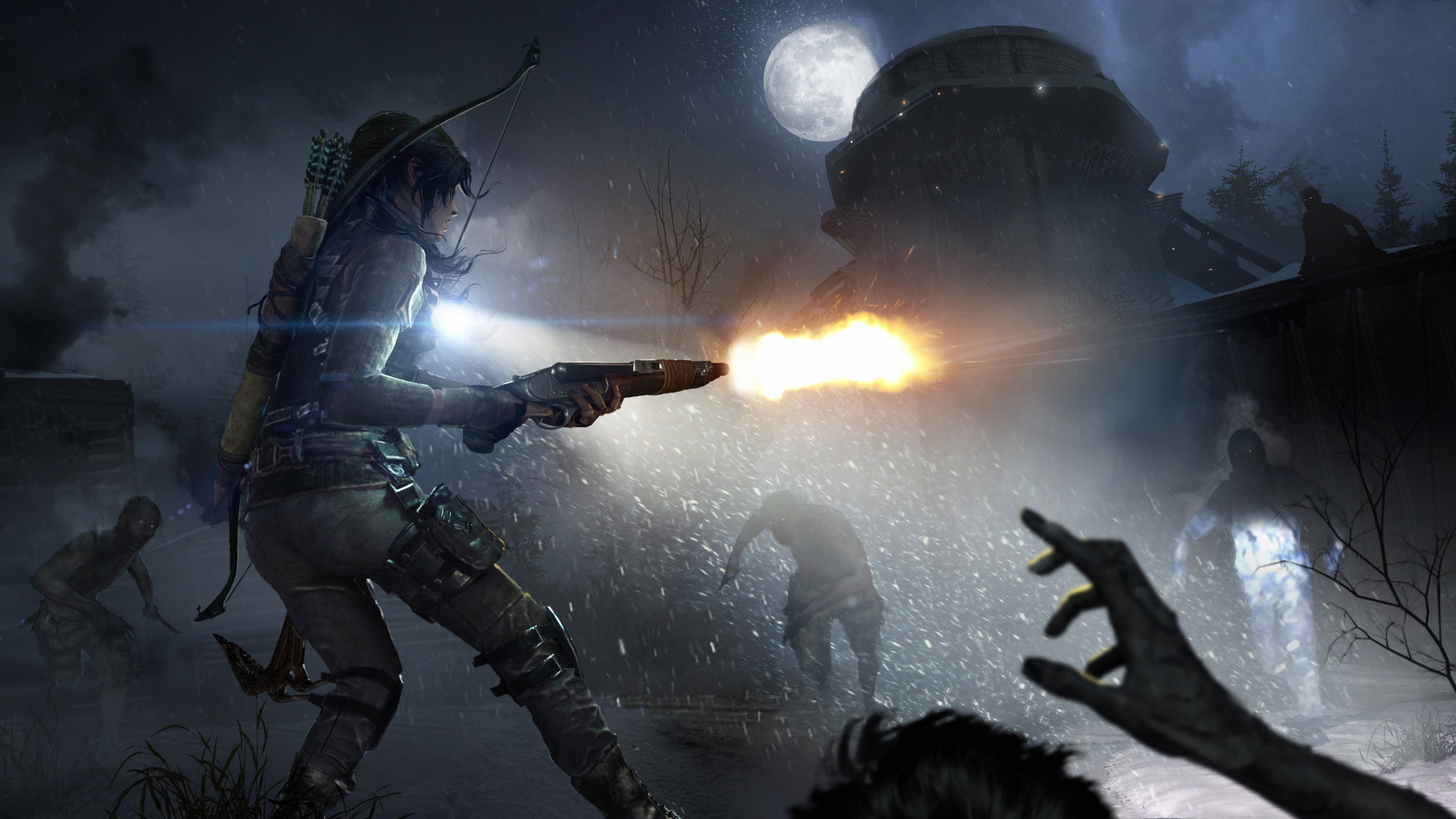 Lara Croft Moon Night Rise Of The Tomb Raider Shotgun Weapon Woman Warrior Zombie 3840x2160