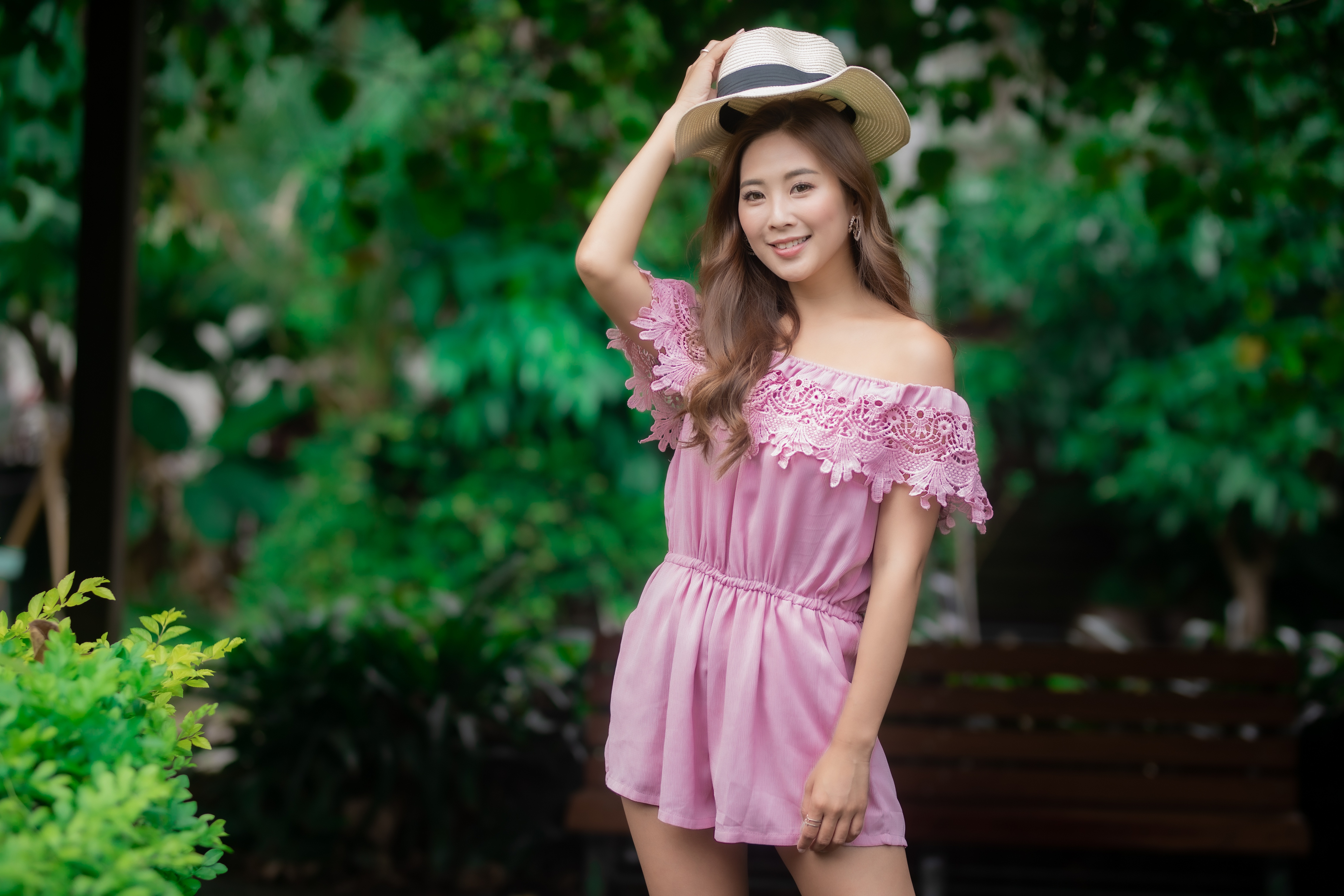 Asian Women Modding Long Hair Colette Brunel Straw Hat Bushes Trees Depth Of Field 4562x3041