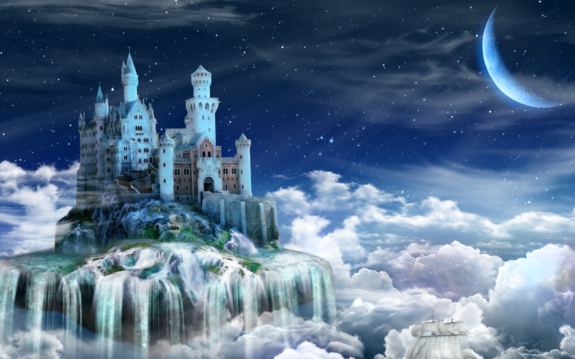 Castle Cloud Fantasy Floating Island Moon Star Stars 1920x1200