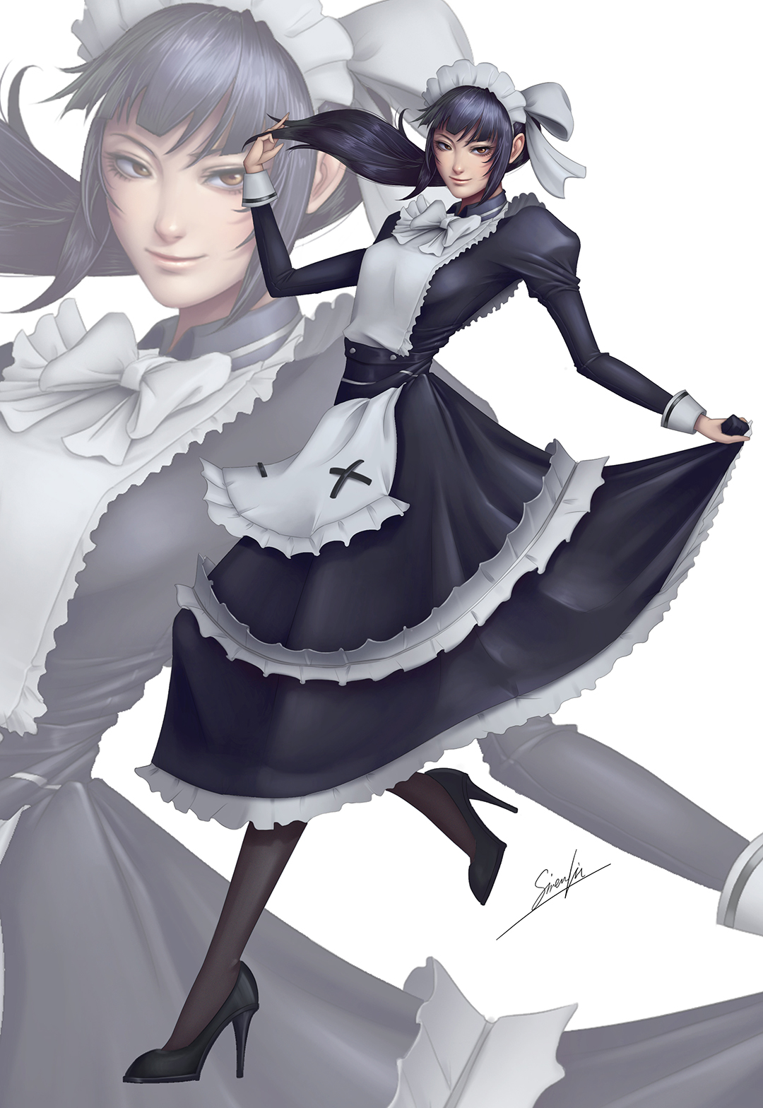 Overlord Anime Maid Outfit Black Heels Ponytail Long Hair Black Hair Anime Girls Smiling 2D Gamma Na 1080x1568