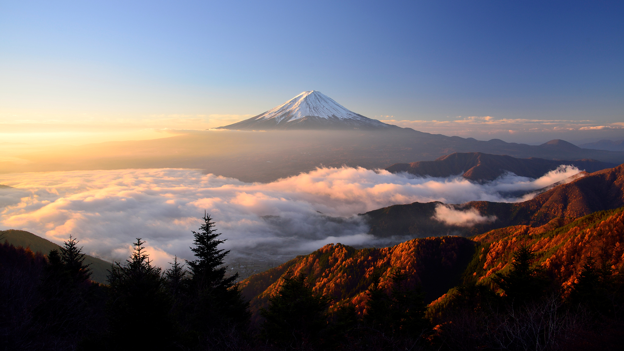 Japan Landscape Morning Mount Fuji Stratovolcano Sunrise Volcano 2048x1152