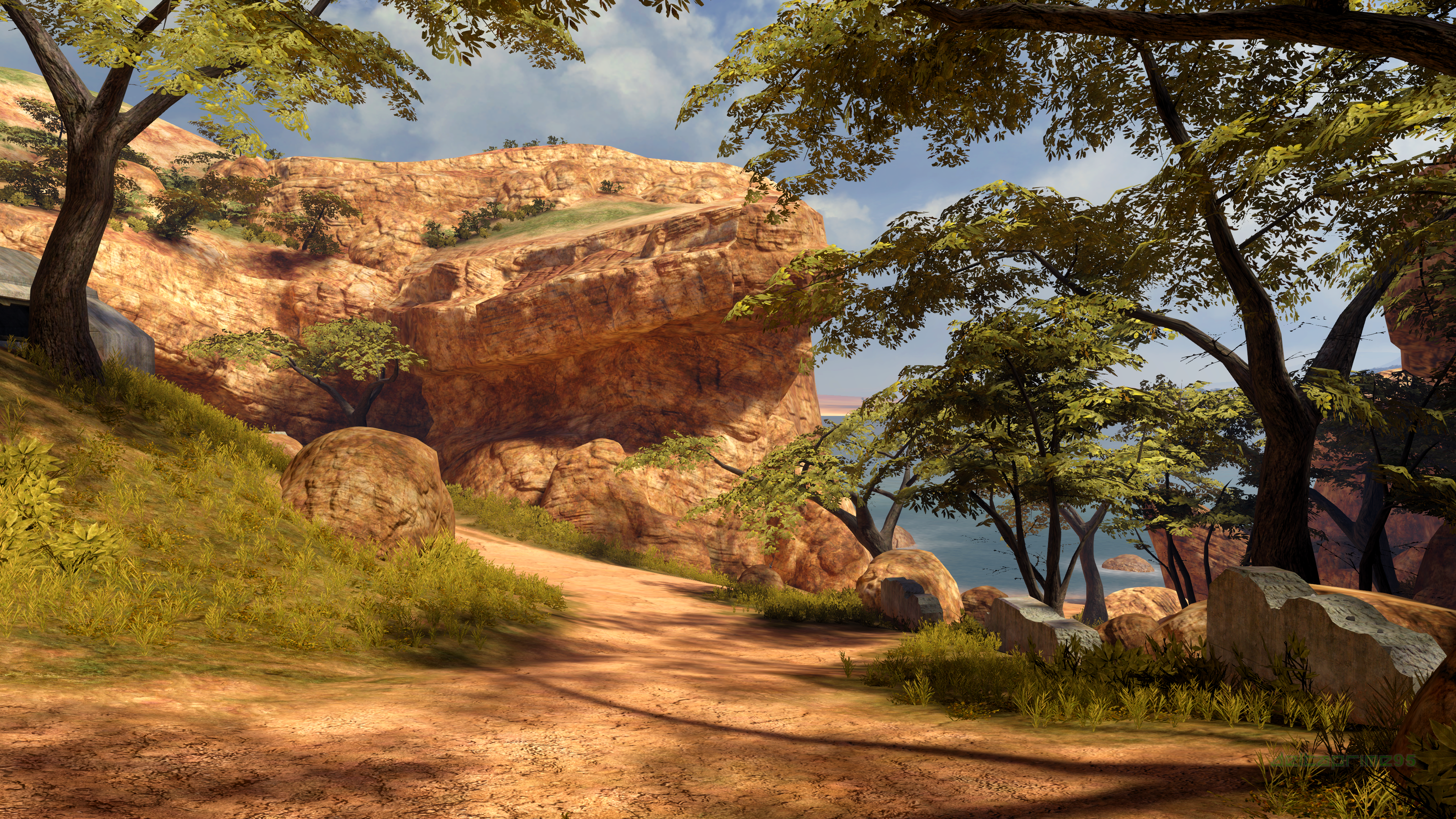 In Game Screen Shot PC Gaming Halo 3 High Ground Multiplayer Map Africa Water Ocean View Trees 3840x2160