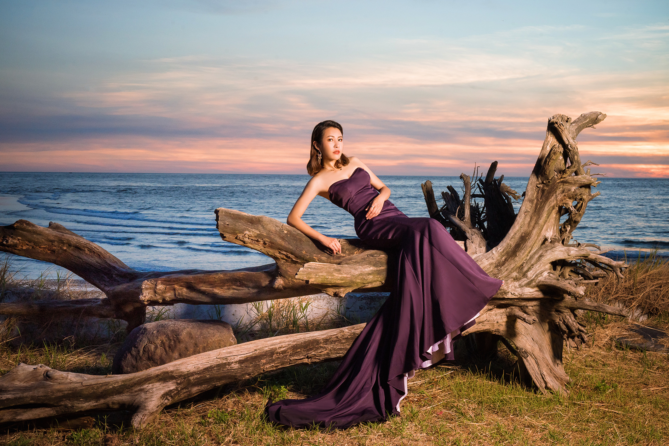 Asian Women Model Long Hair Brunette Ocean View Tree Stump Sitting Dress Beach 2560x1706