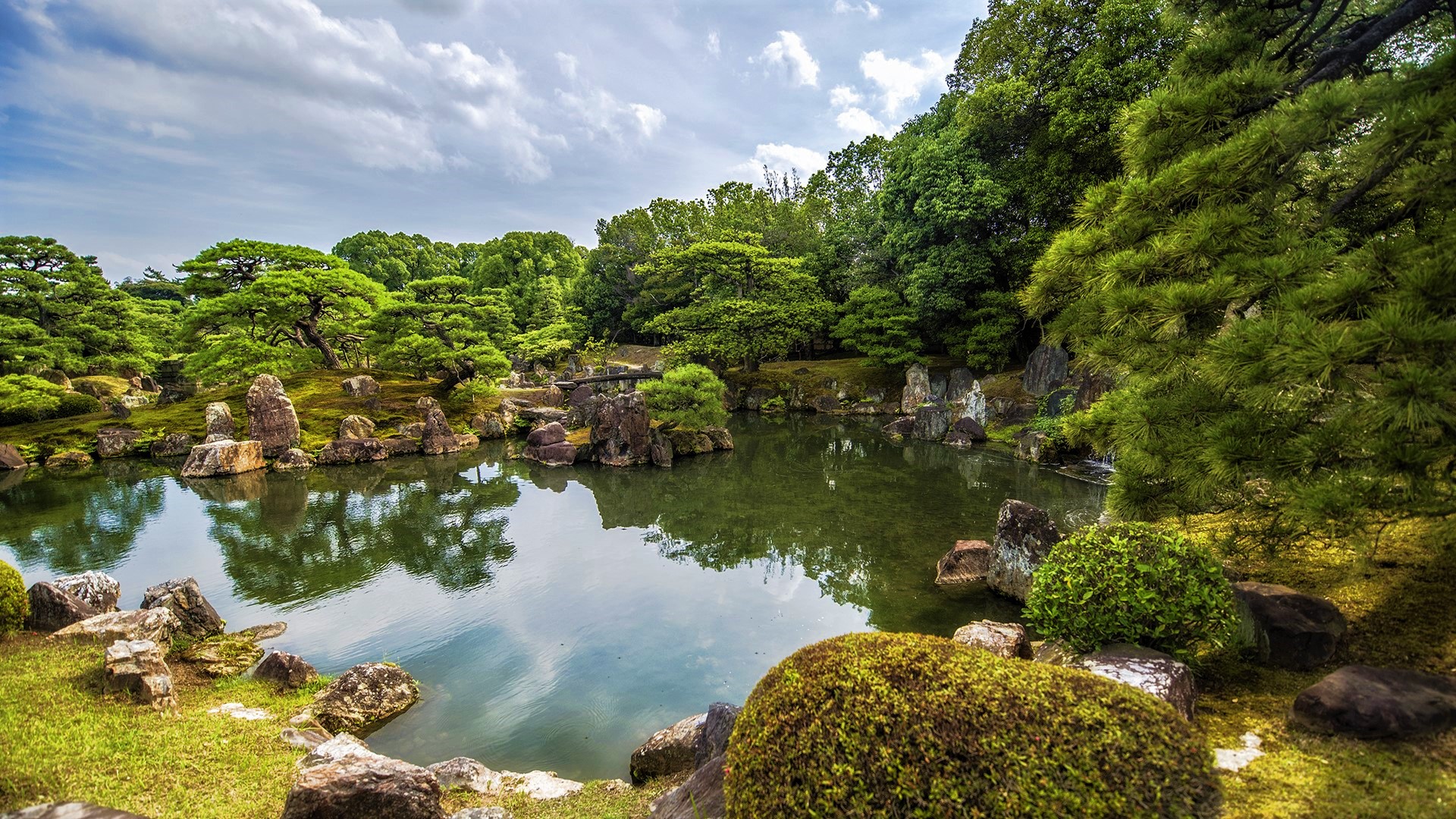 Nature Landscape Trees Plants Rocks Water Water Ripples Clouds Sky Grass Pond Garden Kyoto Japan Bon 1920x1080