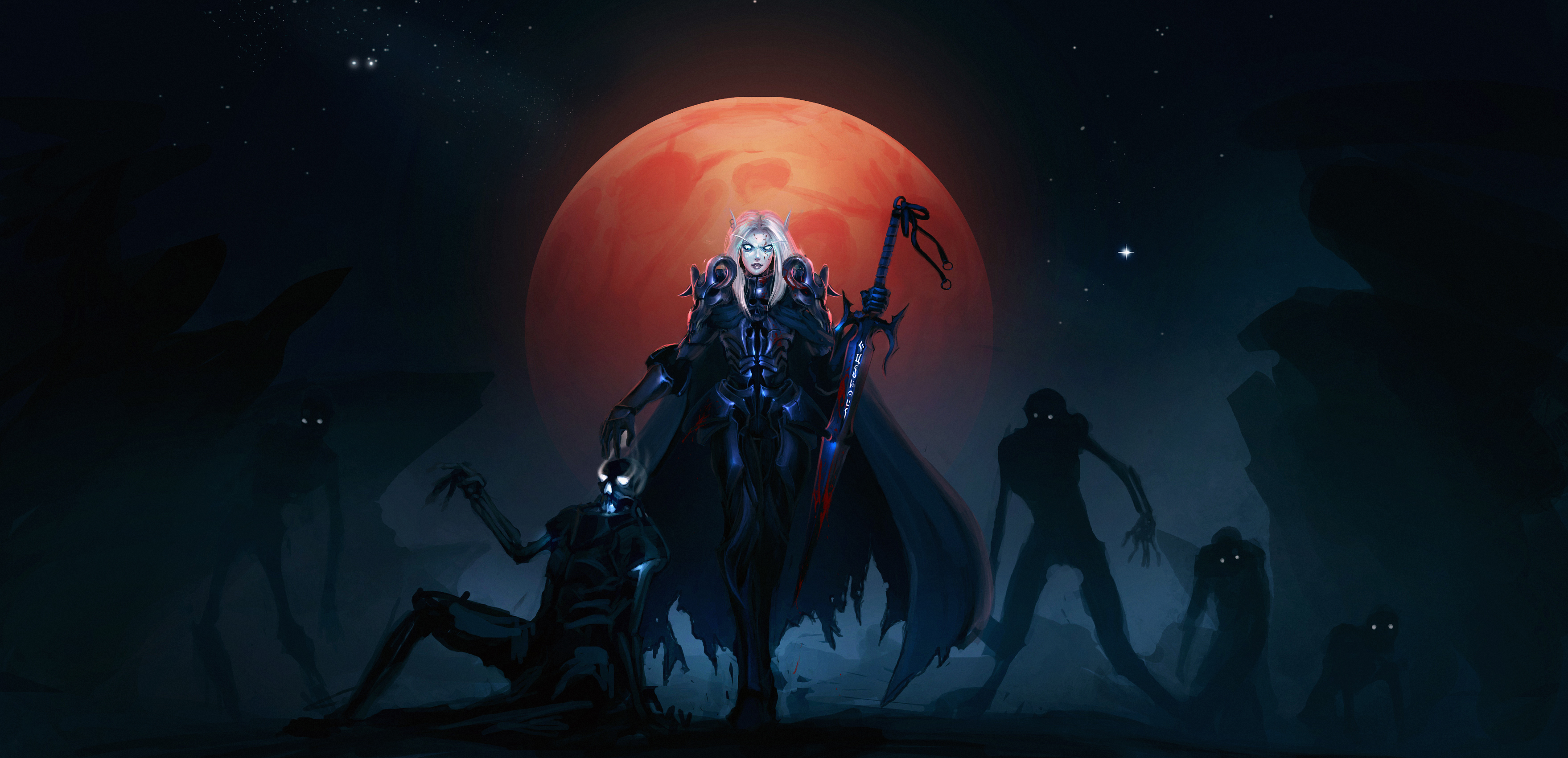 Armor Blood Elf Dark Elf Fantasy Moon Warrior Weapon Woman Warrior World Of Warcraft 3517x1701