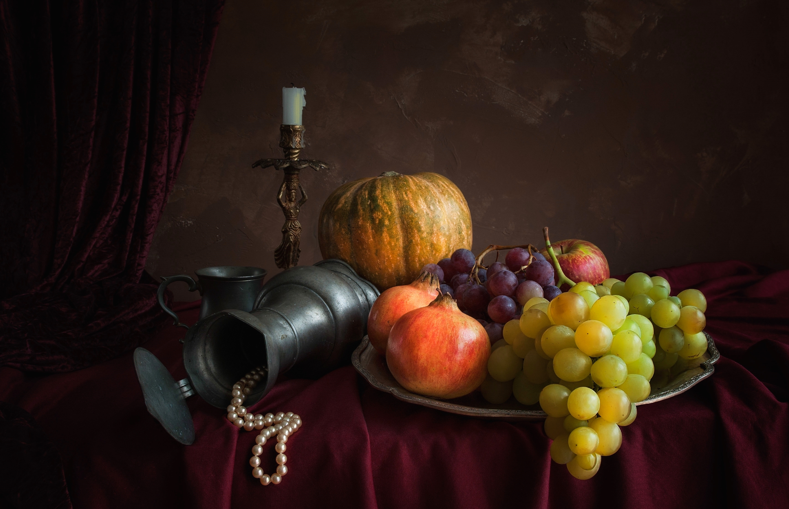 Candle Cup Fruit Gourd Grapes Pitcher Still Life 2600x1677