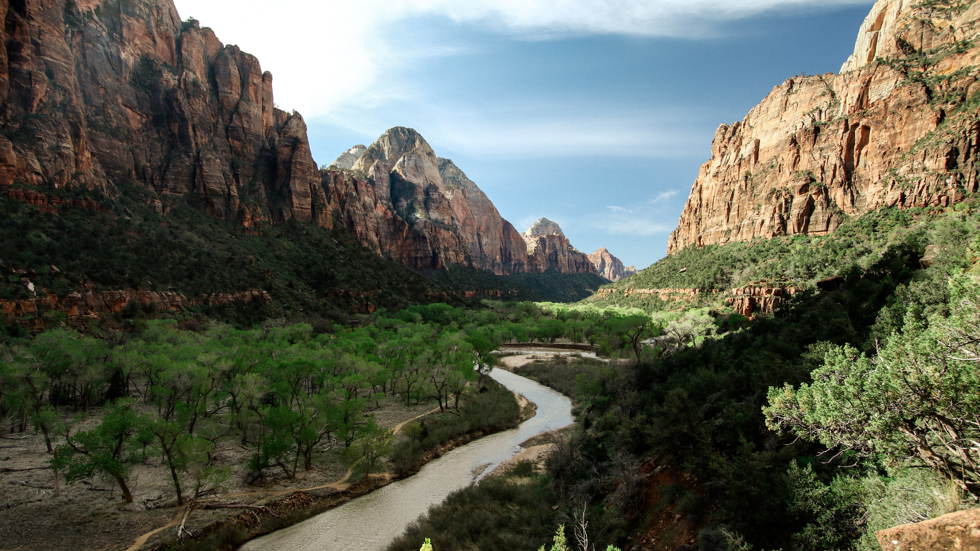 Nature Landscape Mountains Trees Rocks Plants Clouds Sky Valley Canyon Zion National Park USA Utah 1920x1080