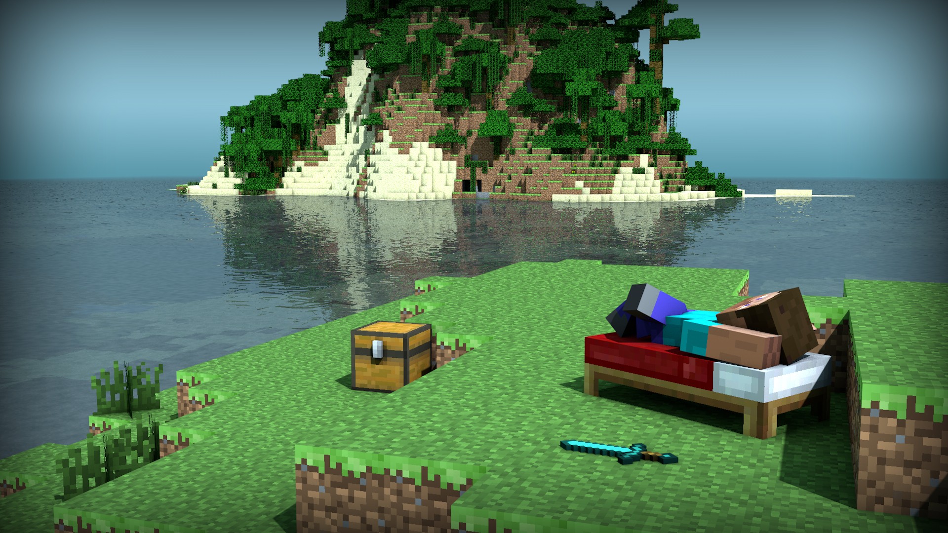 Bed Chest Island Minecraft Steve Minecraft Sword Water 1920x1080