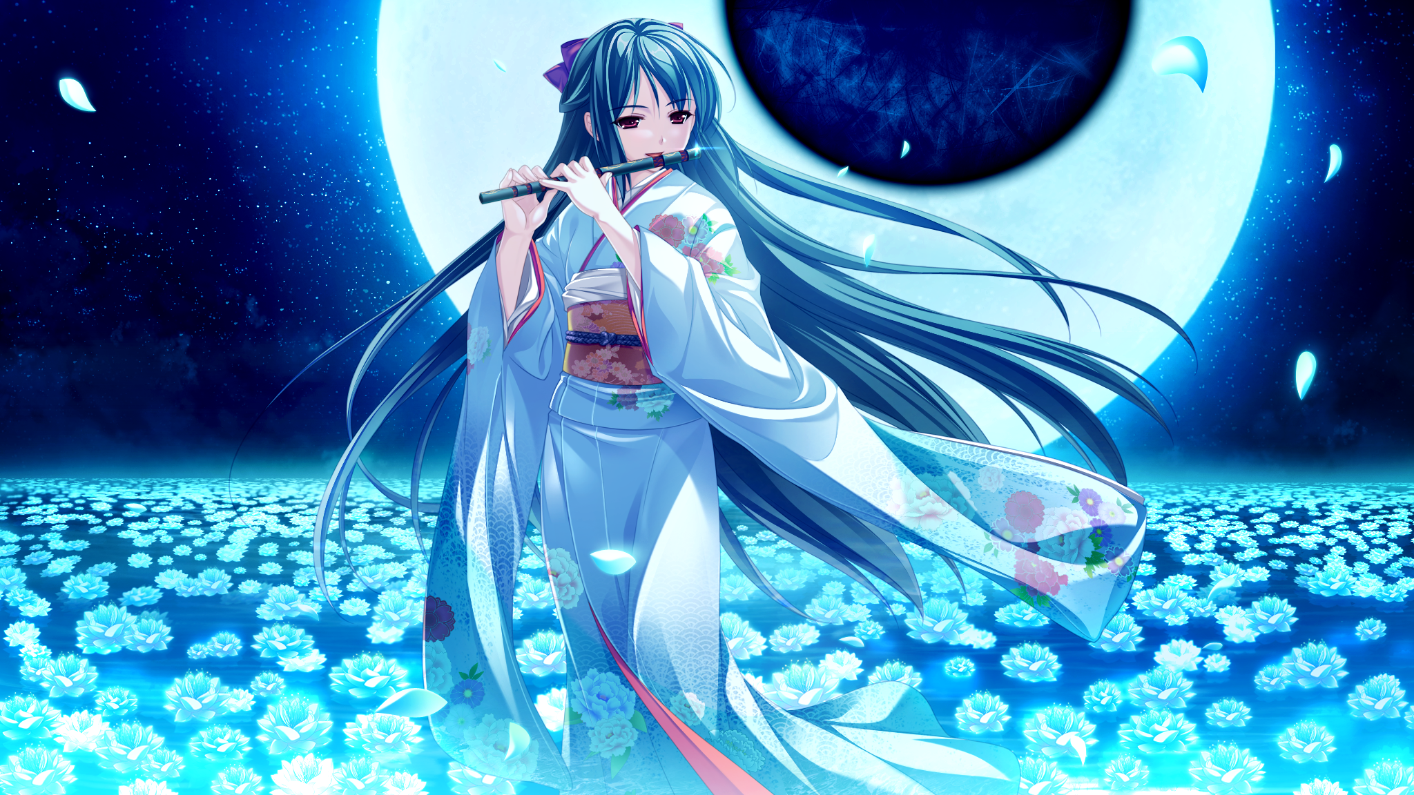 Anime Blue Hair Flower Flute Girl Japanese Clothes Kimono Long Hair Moon Night Traditional Costume 2048x1152