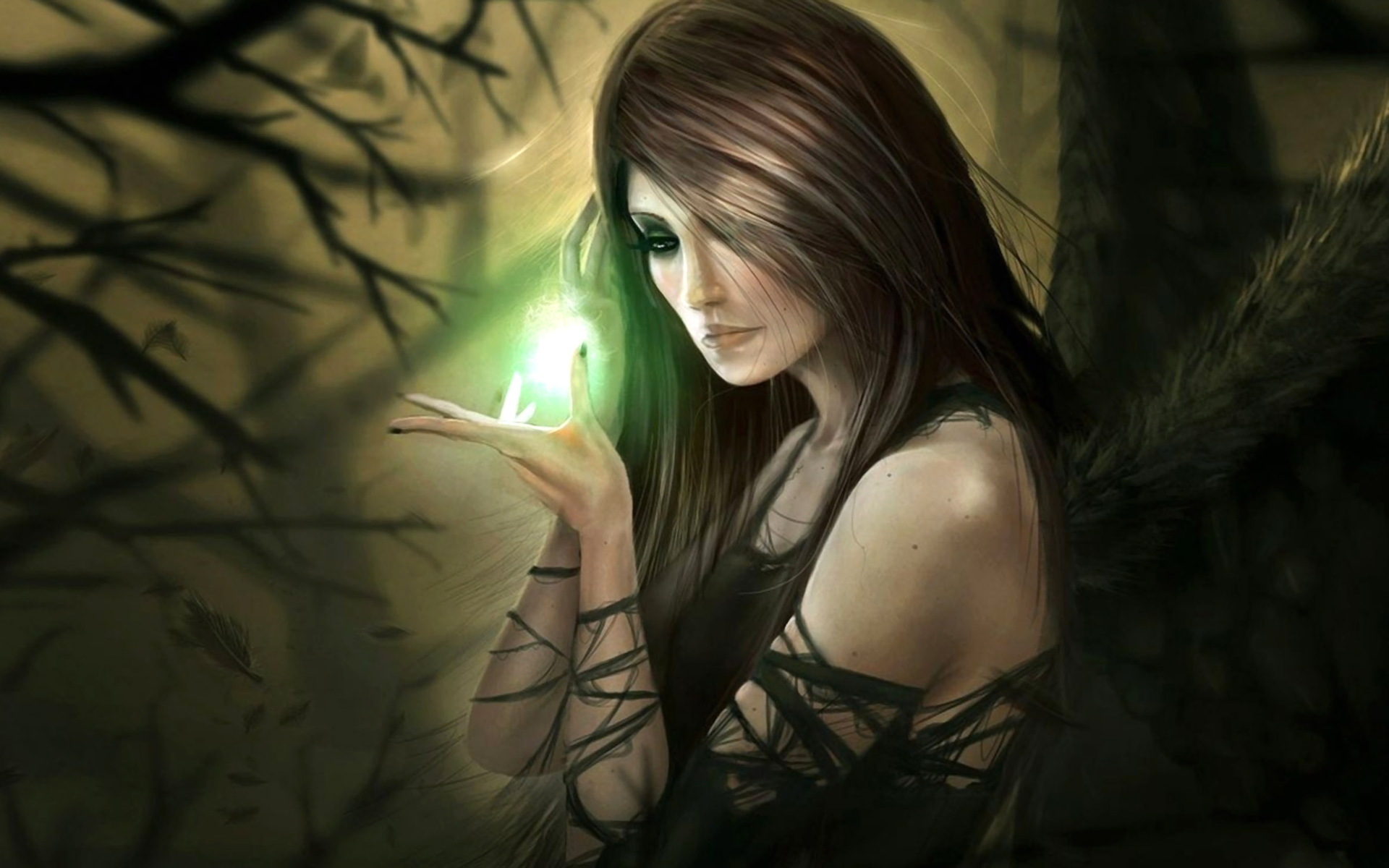 Brunette Fantasy Light Tree Witch Woman 1920x1200