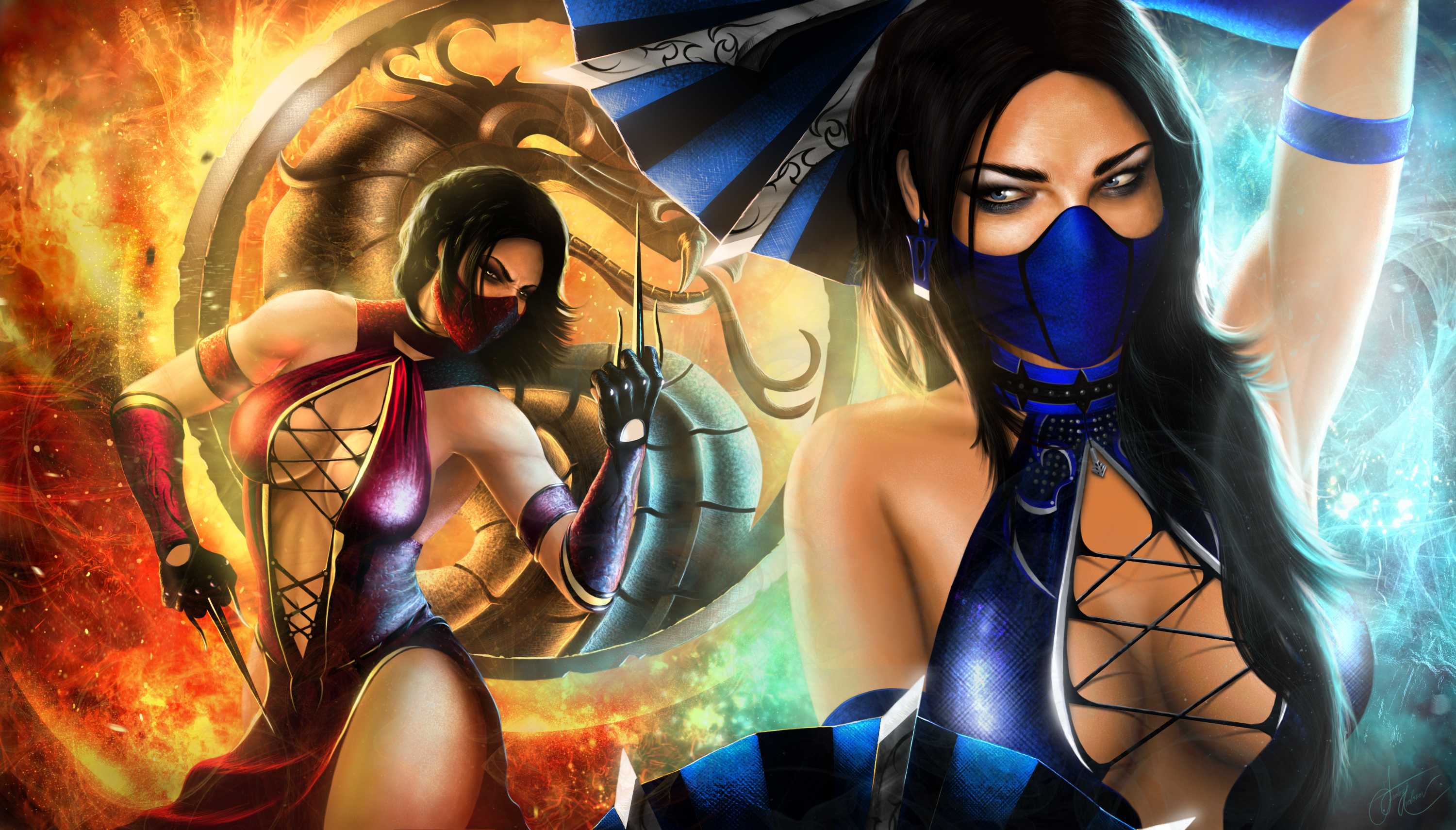 Black Hair Blue Dress Blue Eyes Dress Earrings Fan Fire Glove Kitana Mortal Kombat Logo Long Hair Ma 3000x1710