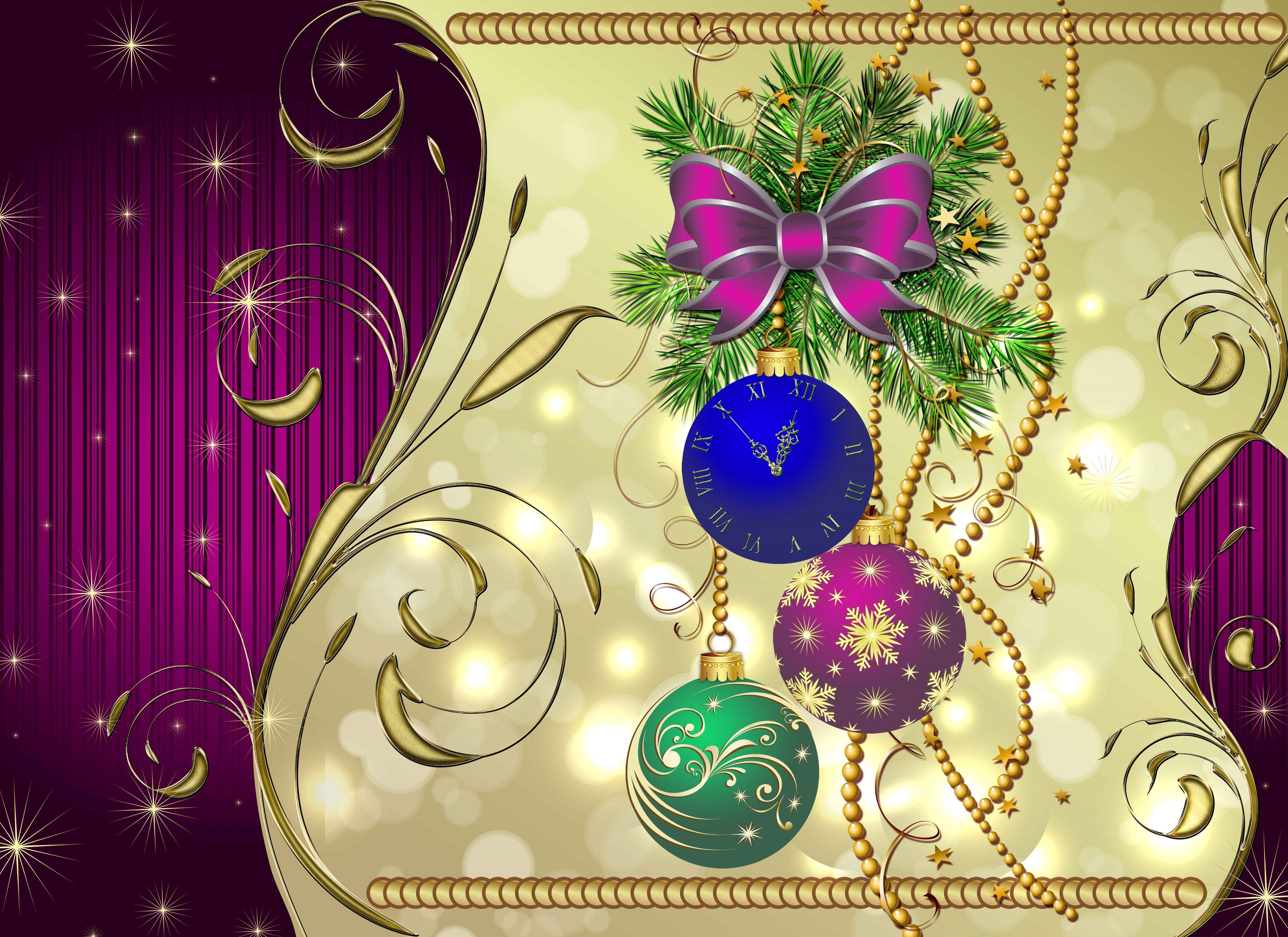 Christmas Ornaments Clock Gold Holiday New Year Purple 4126x3000