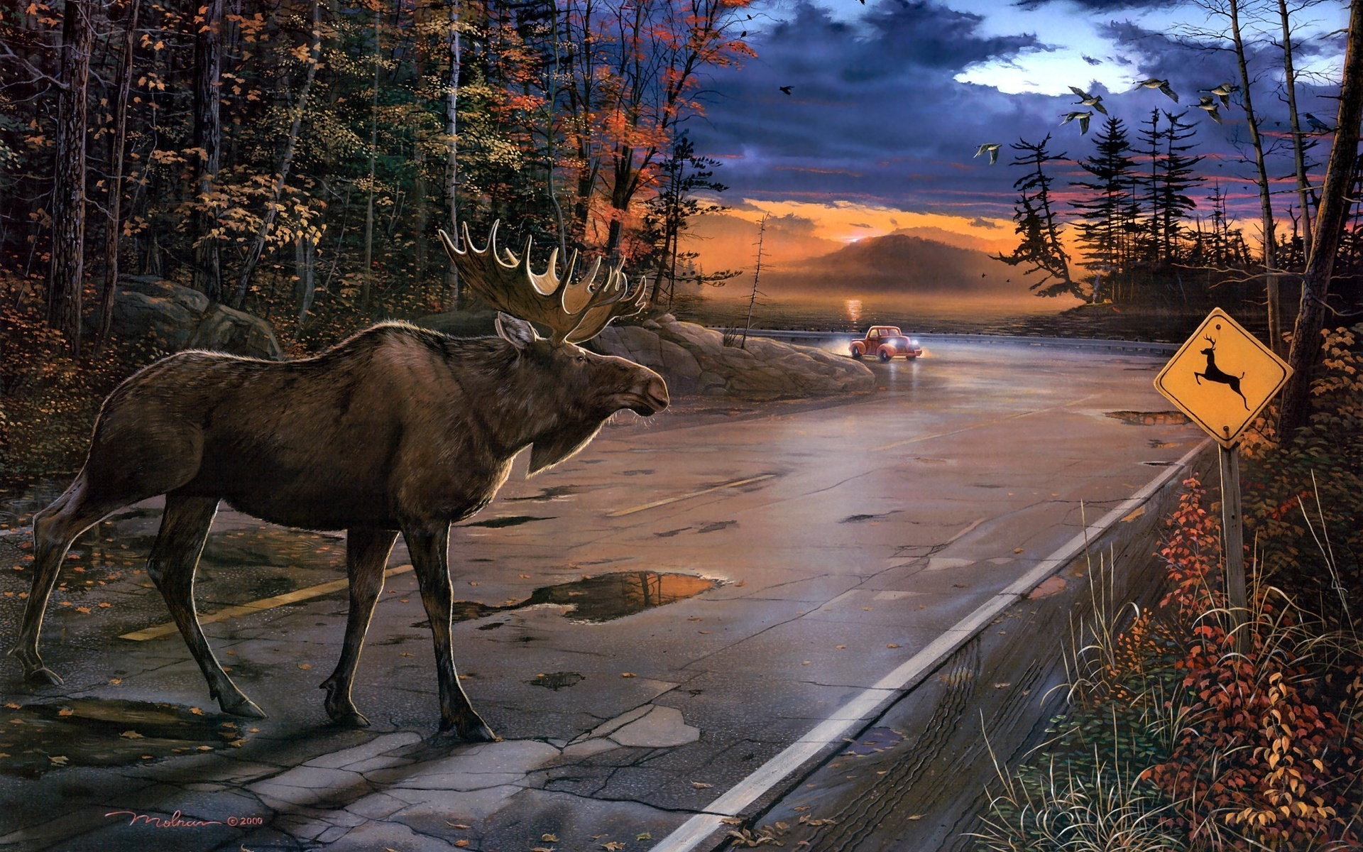 Alaska Illistration Moose Sunrise Sunset Wildlife 1920x1200