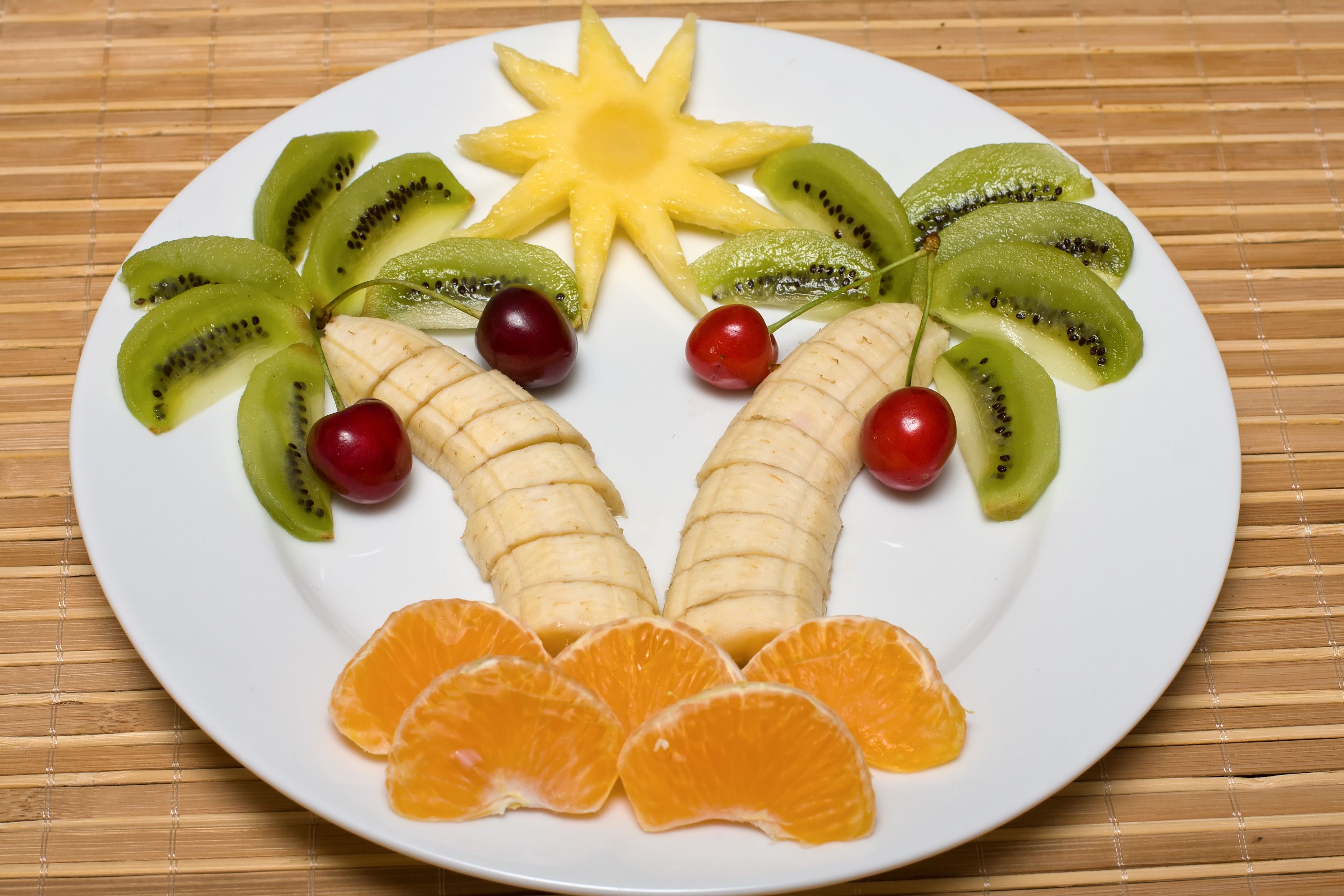 Artistic Banana Cherry Food Kiwi Mandarin Plate 3831x2554