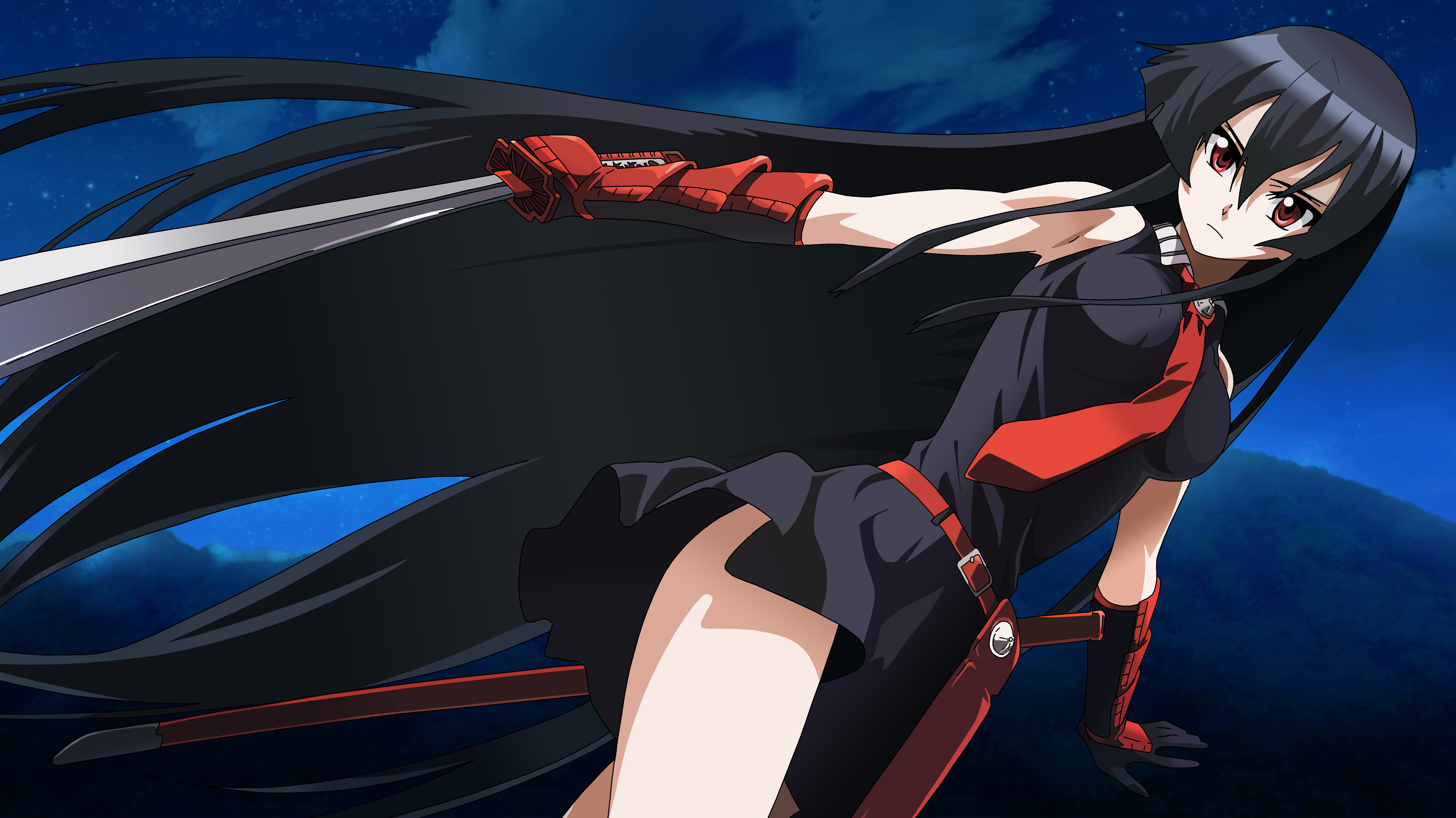 Akame Akame Ga Kill Akame Ga Kill Belt Black Dress Black Hair Dress Girl Katana Long Hair Night Red  7485x4210