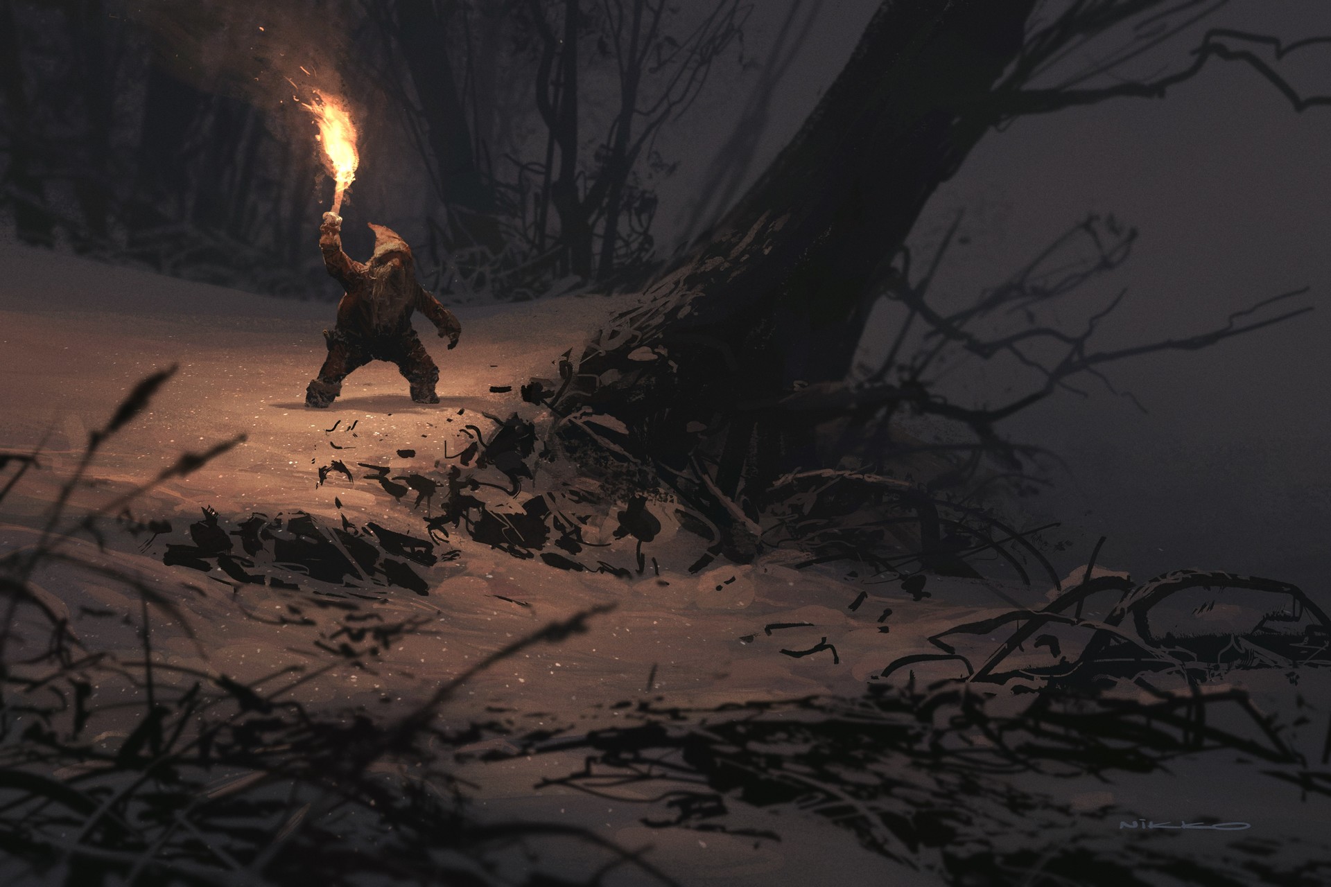 Torches Winter Snow Snow Covered Trees Nature Outdoors Dark Night 2D Artwork Beard 1920x1280