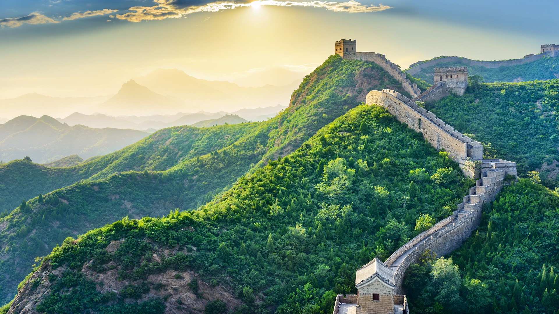 Nature Landscape Trees Mountains Clouds Sky Sun Great Wall Of China Architecture China 1920x1080