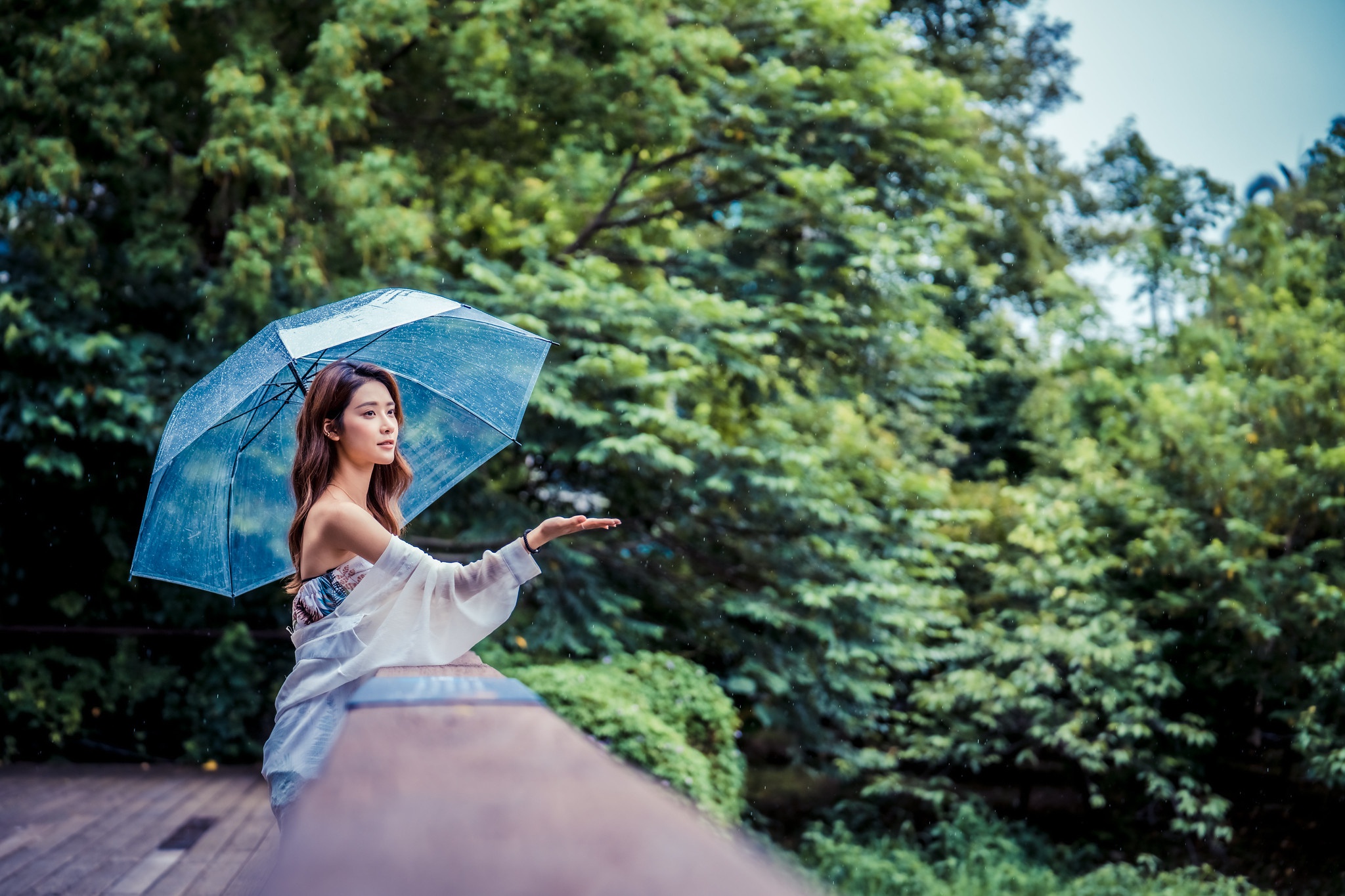 Asian Women Modding Long Hair Colette Brunel Dress Umbrella Trees Railings Bushes Hands 2048x1365