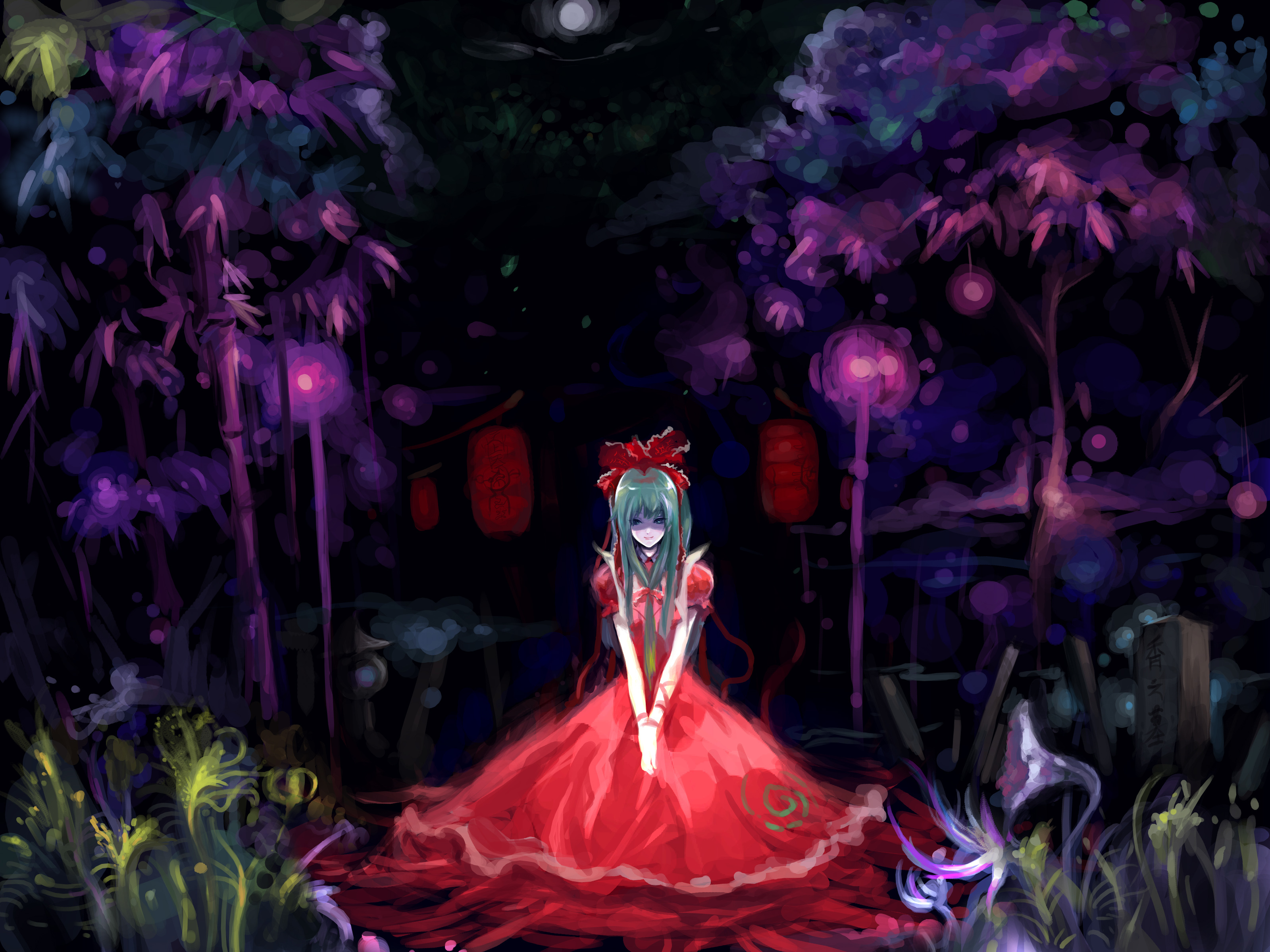 Anime Digital Art Green Hair Hina Kagiyama Long Hair Red Dress Touhou Video Game 3200x2400