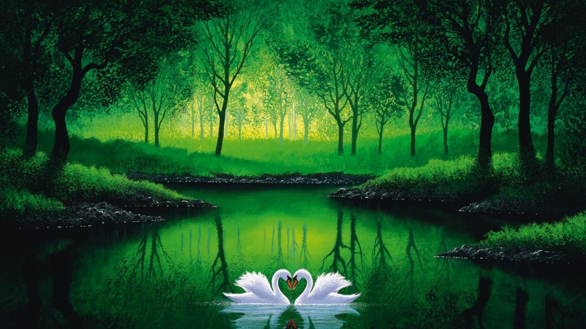 Artistic Forest Green Pond Swan Tree 1920x1080