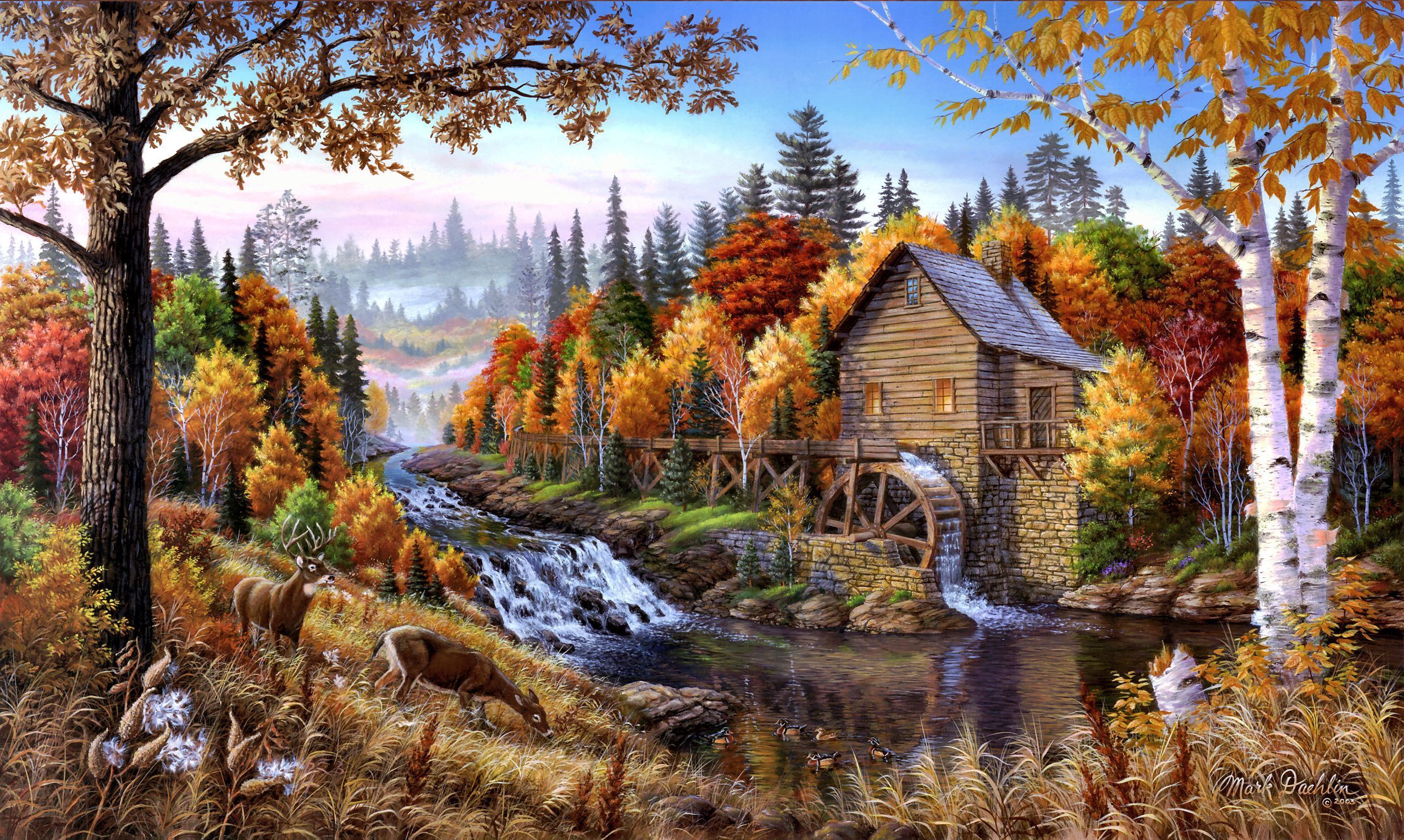 Deer Fall Landscape River Tree Watermill 2554x1529