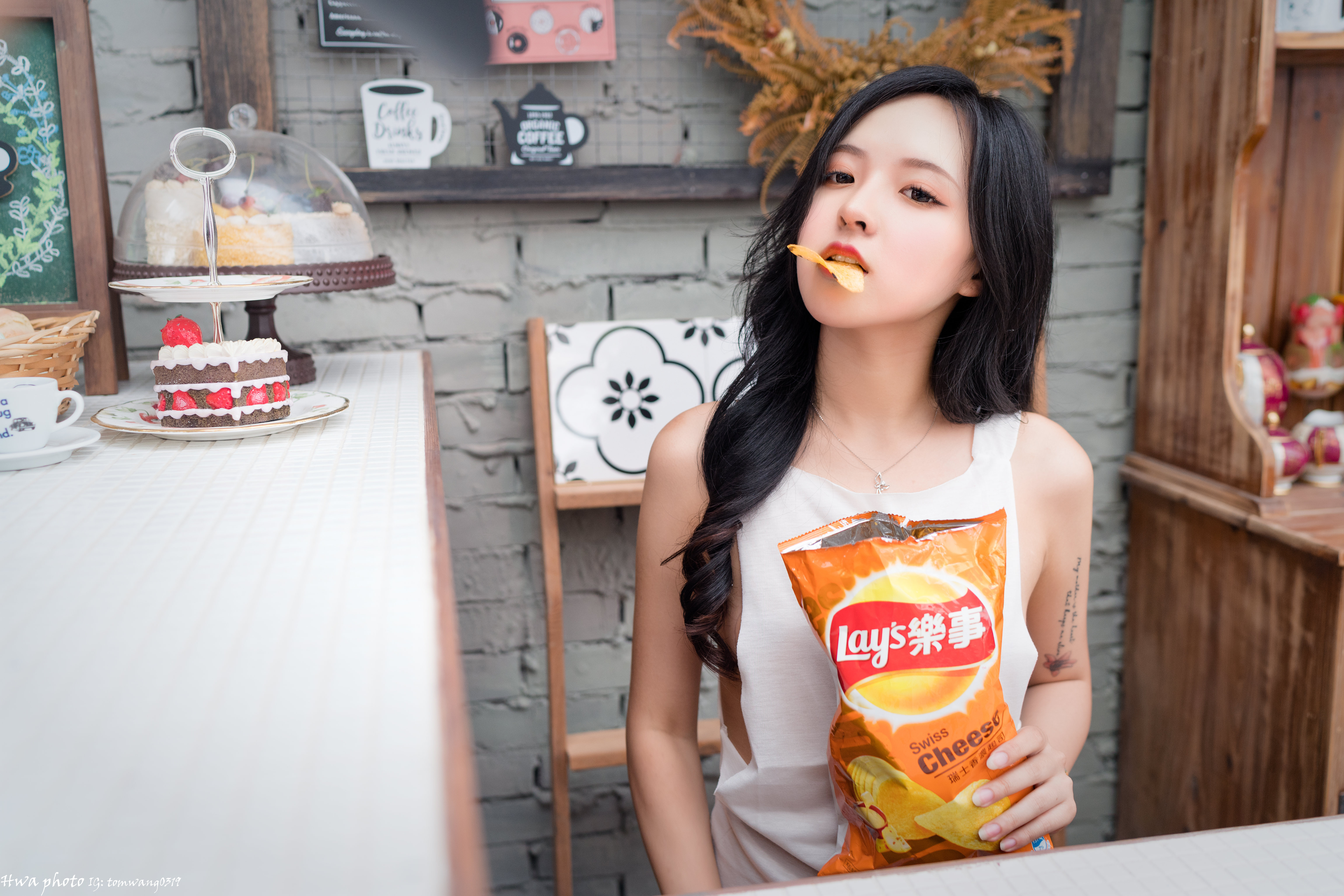 Asian Women Model Long Hair Black Hair Eating Potato Chips Cake Cupboard Signs Sitting Table 6144x4098