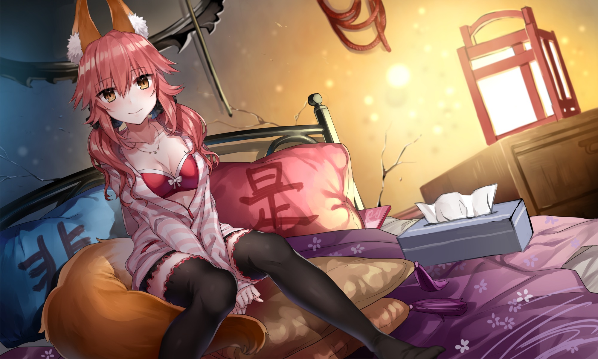 Animal Ears Bed Blush Caster Fate Extra Fate Extra Girl Lamp Long Hair Necklace Pillow Pink Hair Sit 2000x1200