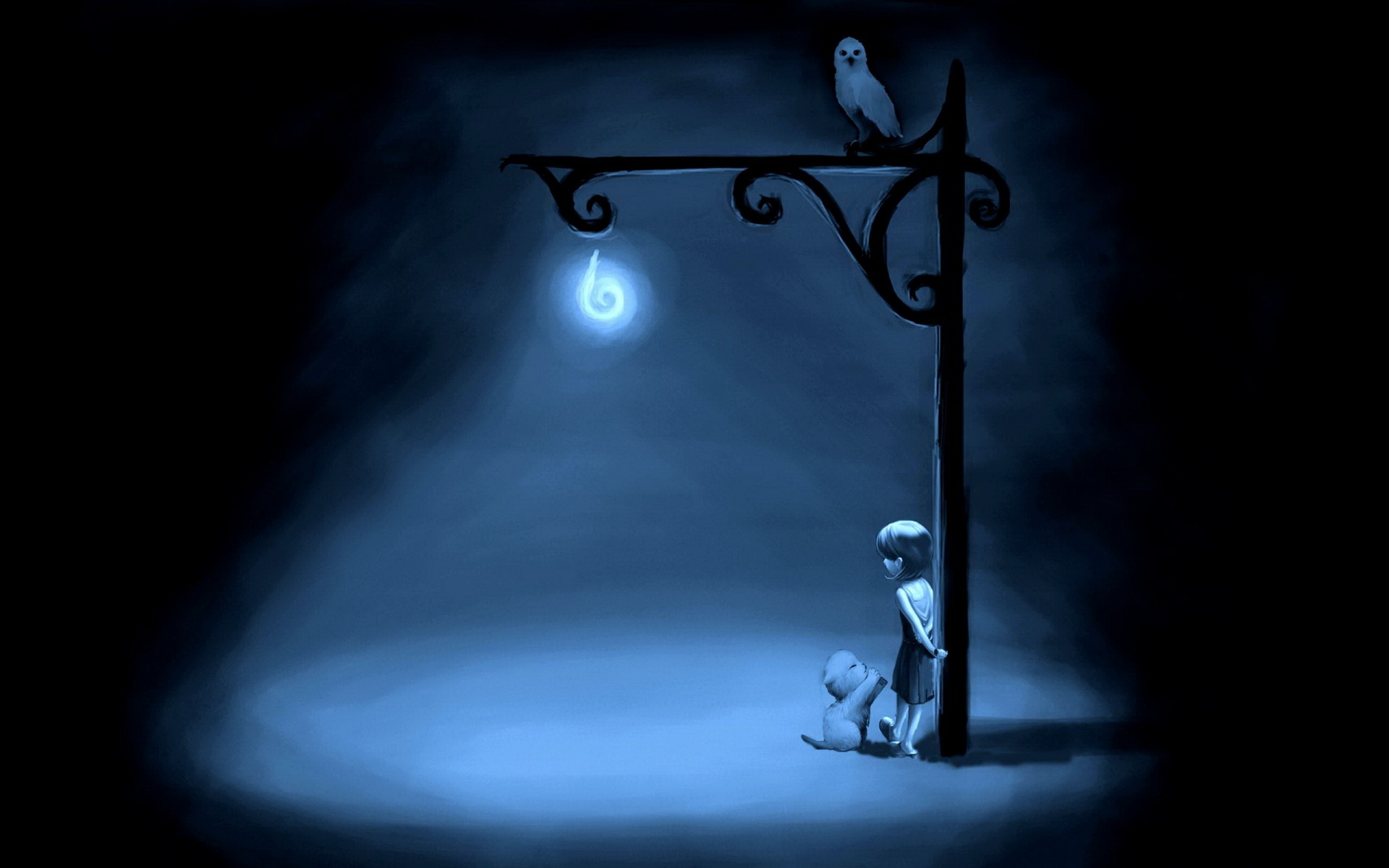 Artistic Fantasy Kitten Little Girl Lonely Owl Street Light 1920x1200