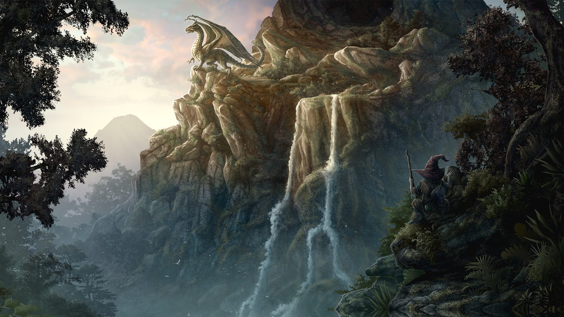 Artistic Dragon Fantasy Mountain Rock Tree Troll Waterfall 1920x1080